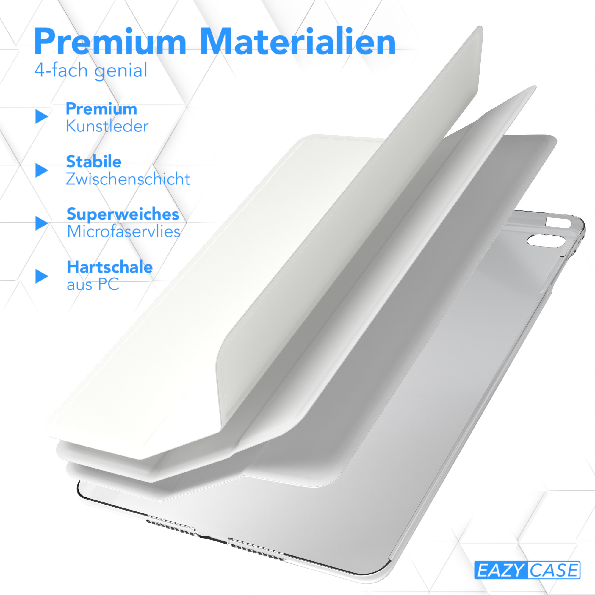 Diagramm der Handyhüllen-Schichten: Premium-Leder, stabile Schicht, Mikrofaser und PC.
