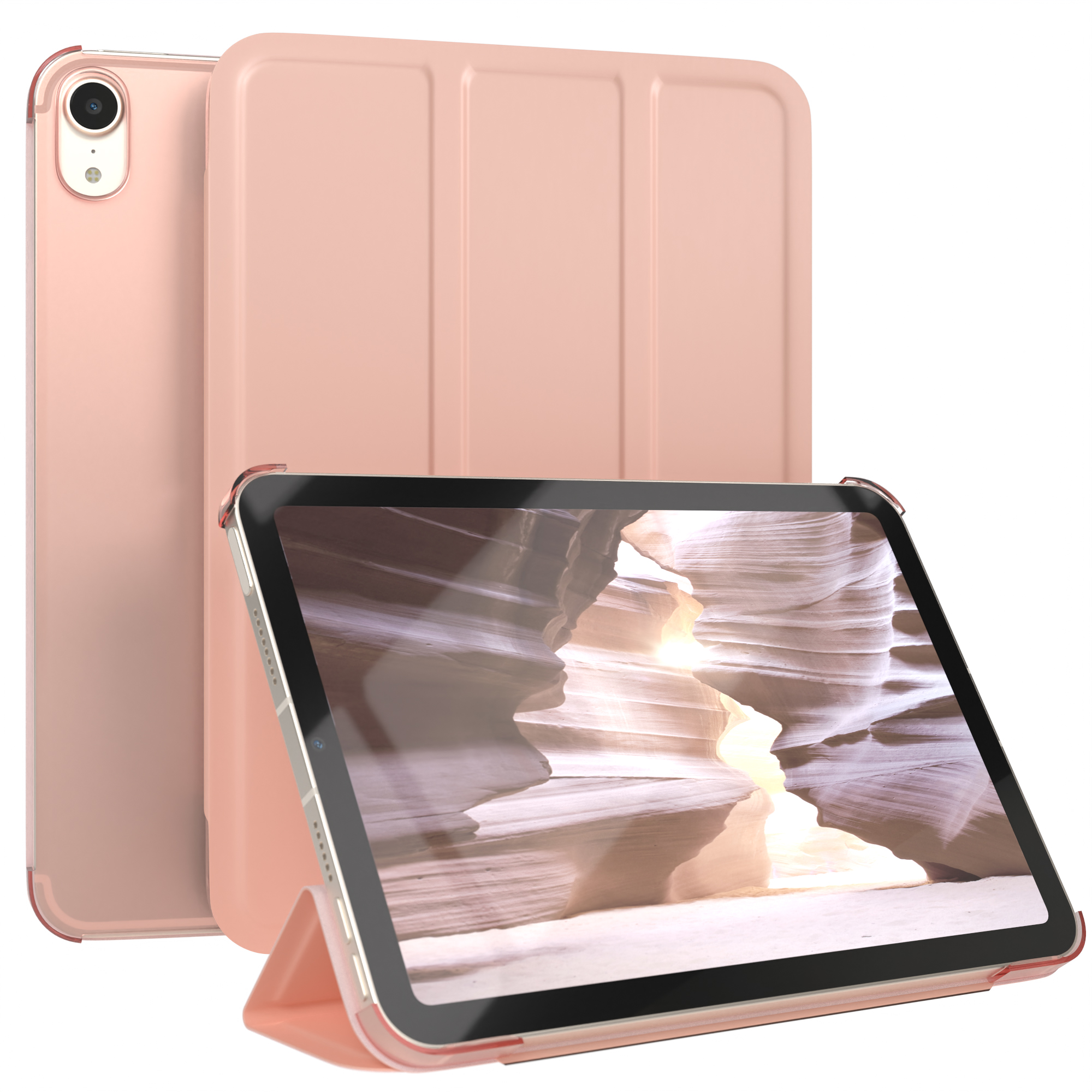 Rosa Tablet in Hülle, offen. Display zeigt Canyon-Szene. Hülle stellt Tablet aufrecht.