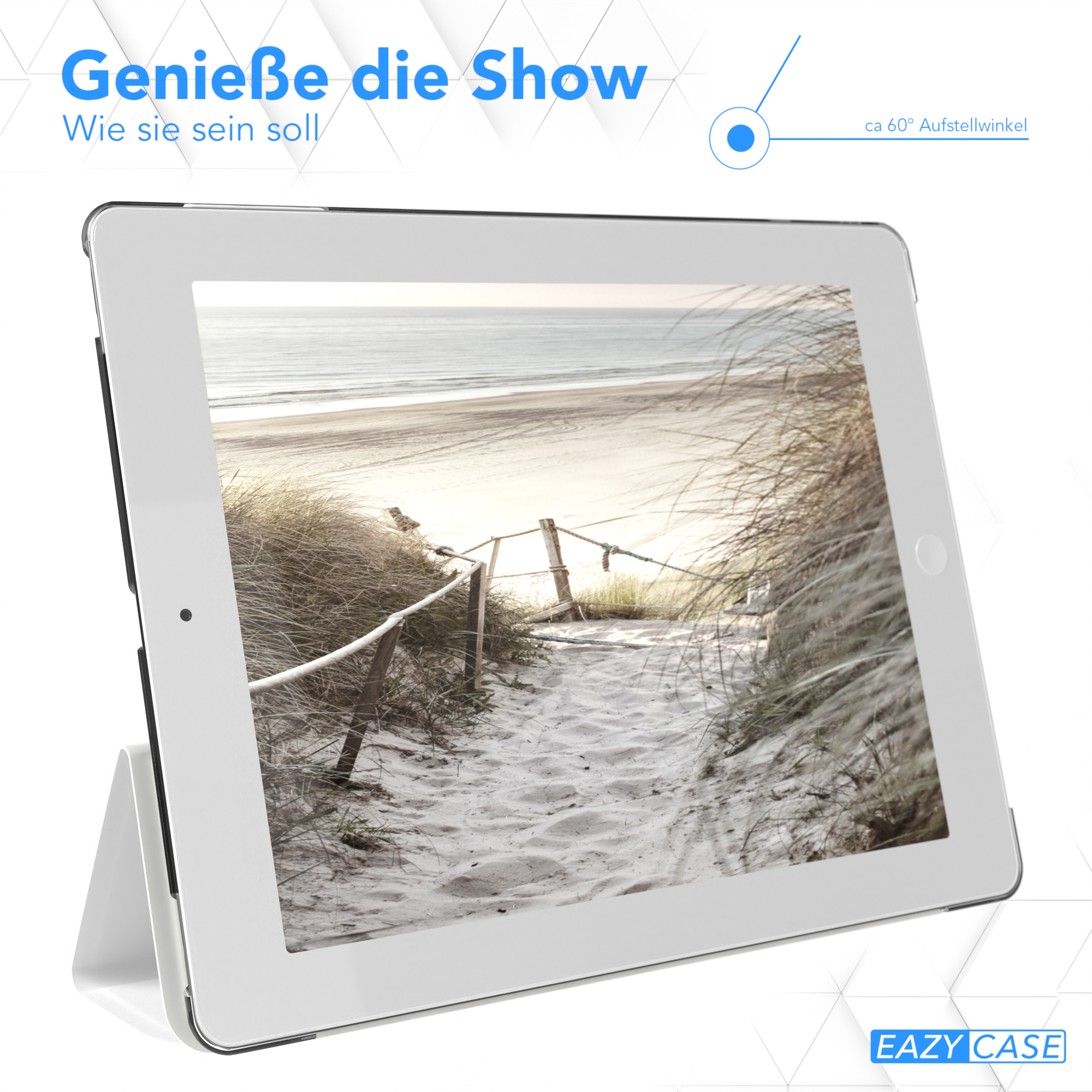 Ein Tablet mit Hülle. Das Tablet zeigt eine Strandszene. Die Hülle ist weiß und abgewinkelt.