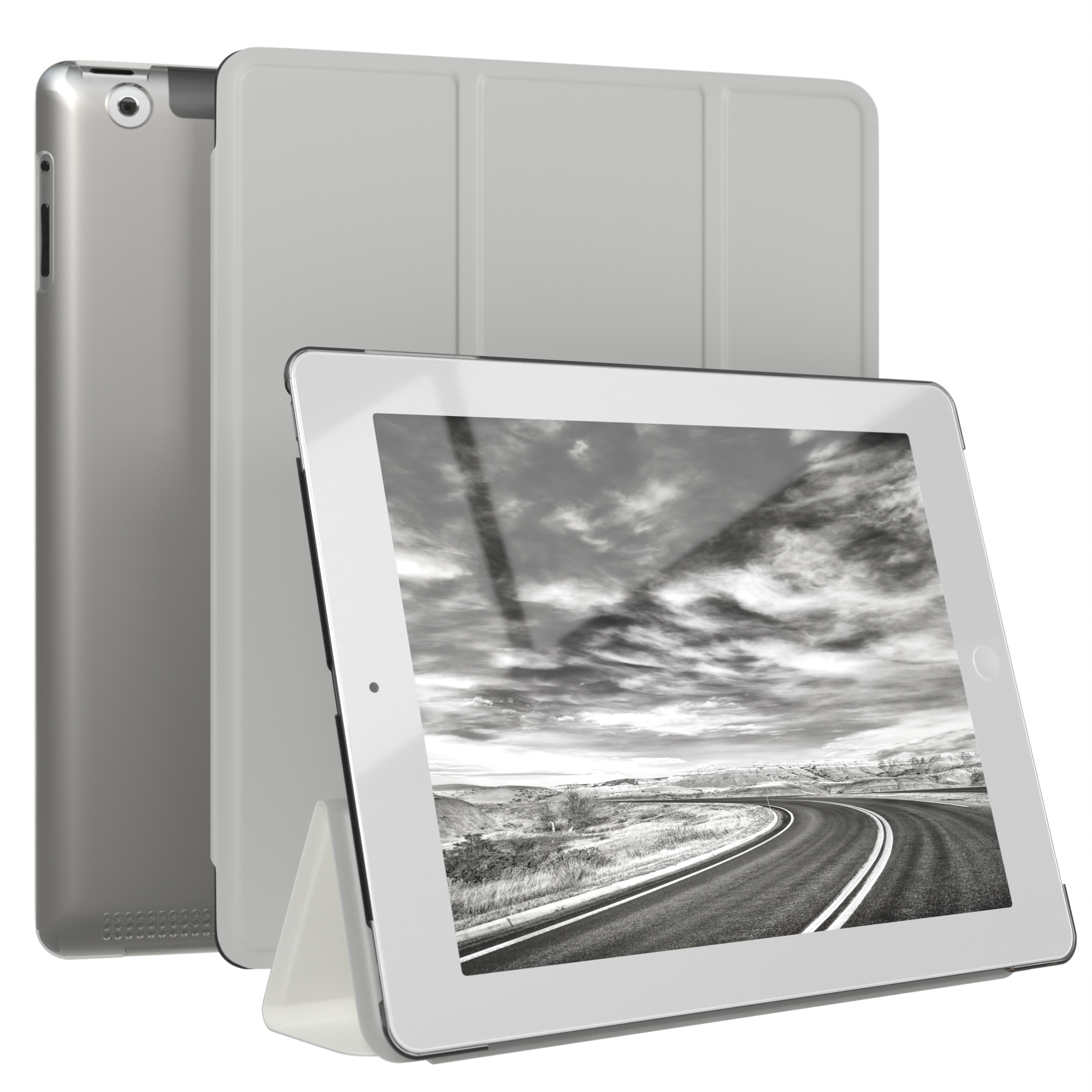 Silbernes Tablet mit Straßenbildschirm, plus Hülle und Rückseite.