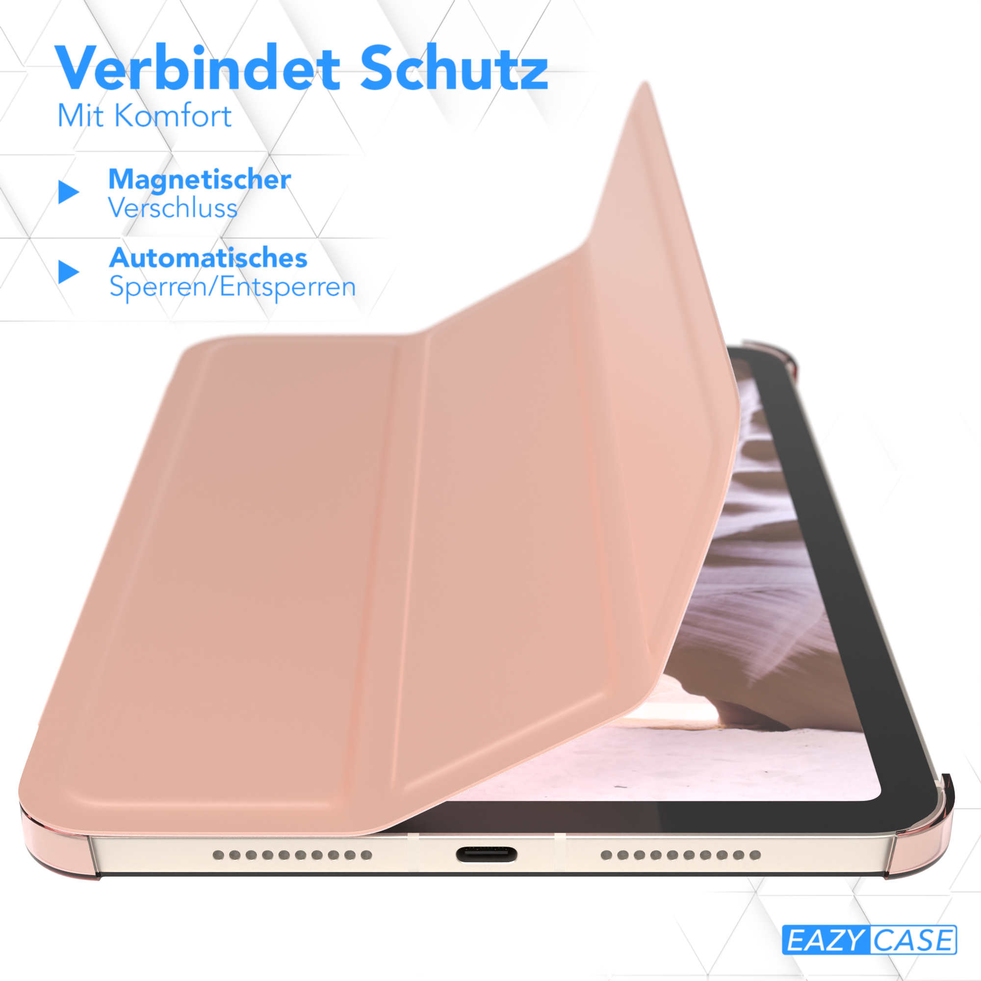 Eine rosa Tablet-Hülle mit geöffnetem Deckel, zeigt ein Tablet im Inneren. Text über Magnetverschluss und Automatik.
