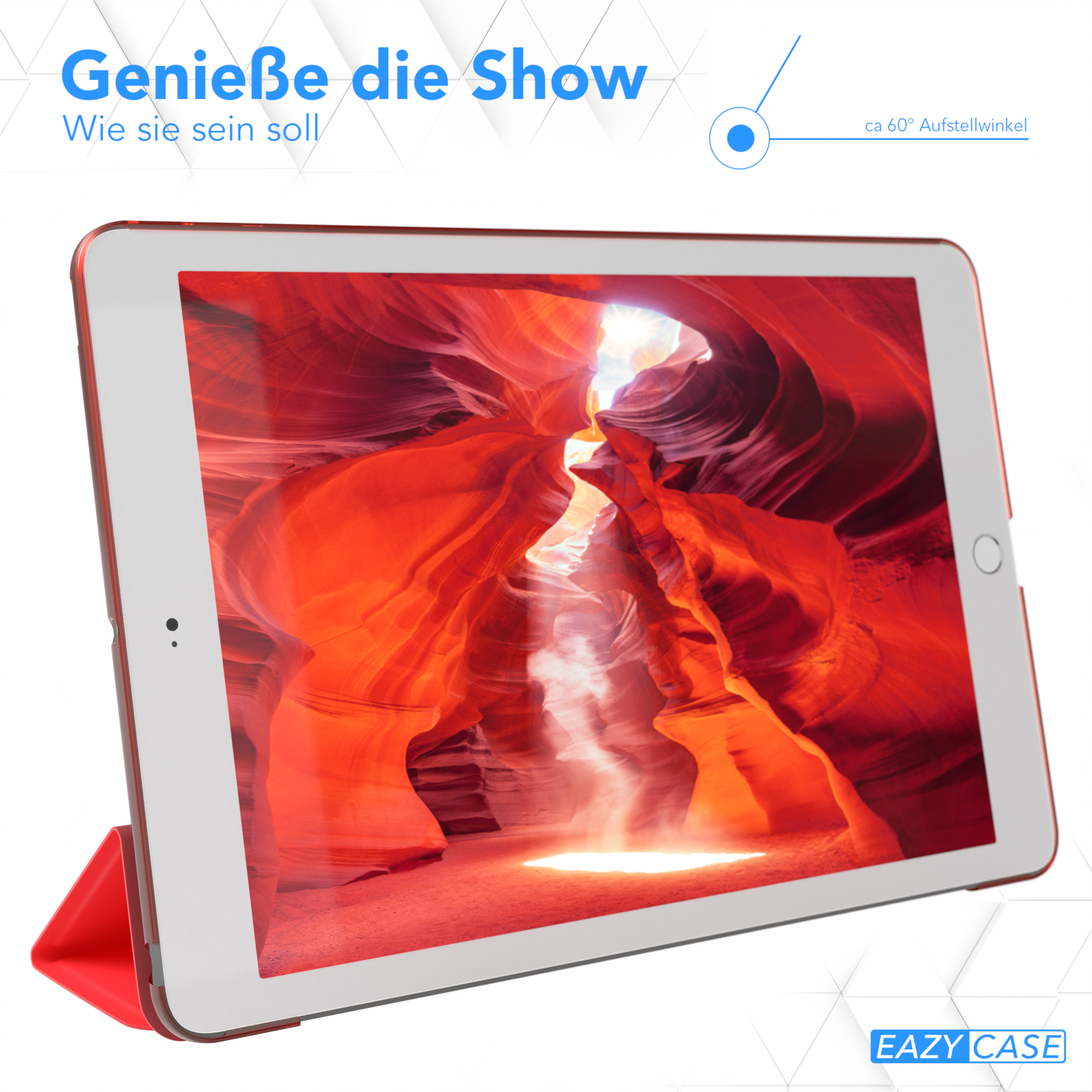 Ein iPad in einem roten Gehäuse. Der Bildschirm zeigt ein Canyon-Bild. Das Gehäuse ermöglicht einen Betrachtungswinkel von 60°.