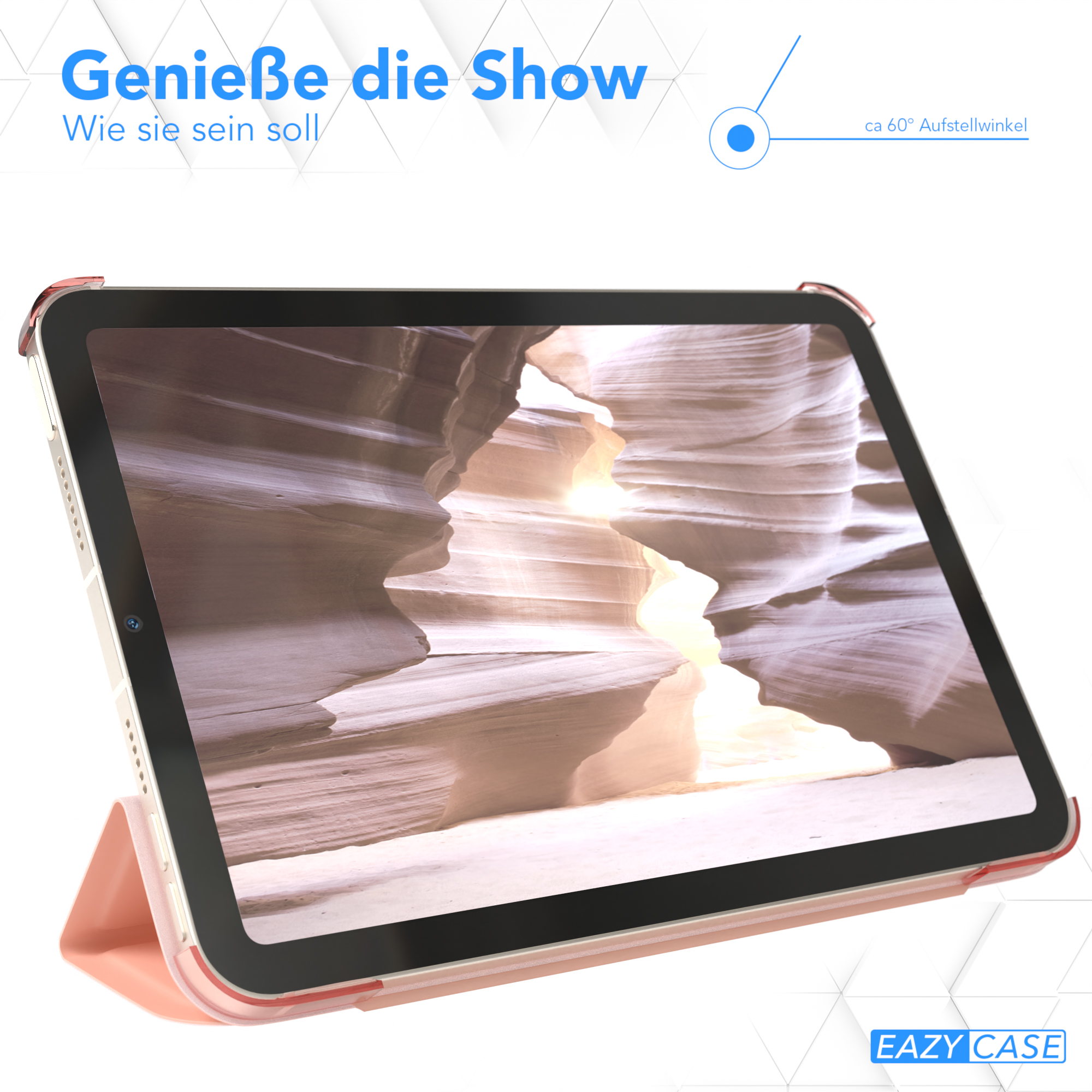 Tablet mit rosa Hülle und einem Bildschirm, der eine Canyon-Landschaft zeigt, mit deutschem Text darüber.