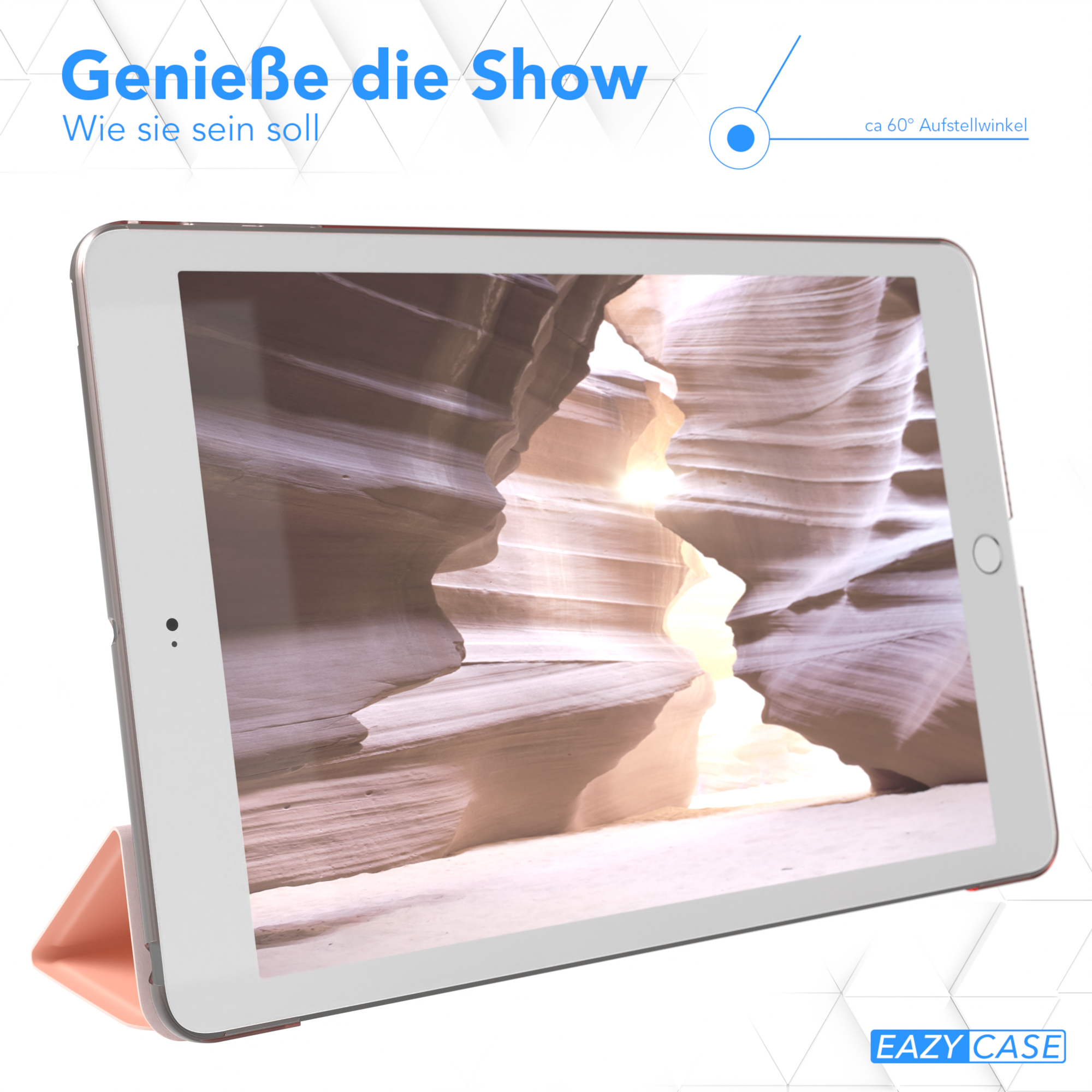 Tablet auf einem Ständer. Der Bildschirm zeigt eine Schluchtlandschaft. Das Gehäuse ist hellrosa.