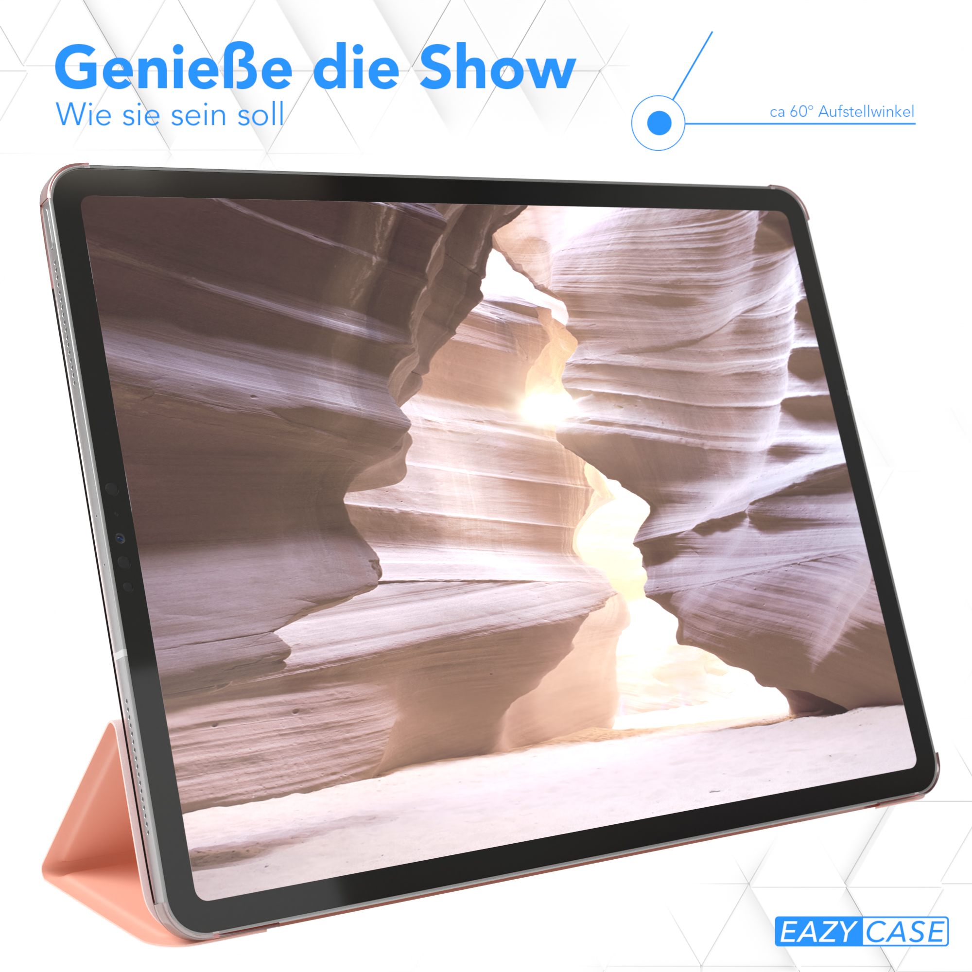 Tablet mit geöffneter, orangefarbener Hülle, das ein Canyon-Bild zeigt. Text sagt 'Genieße die Show'.