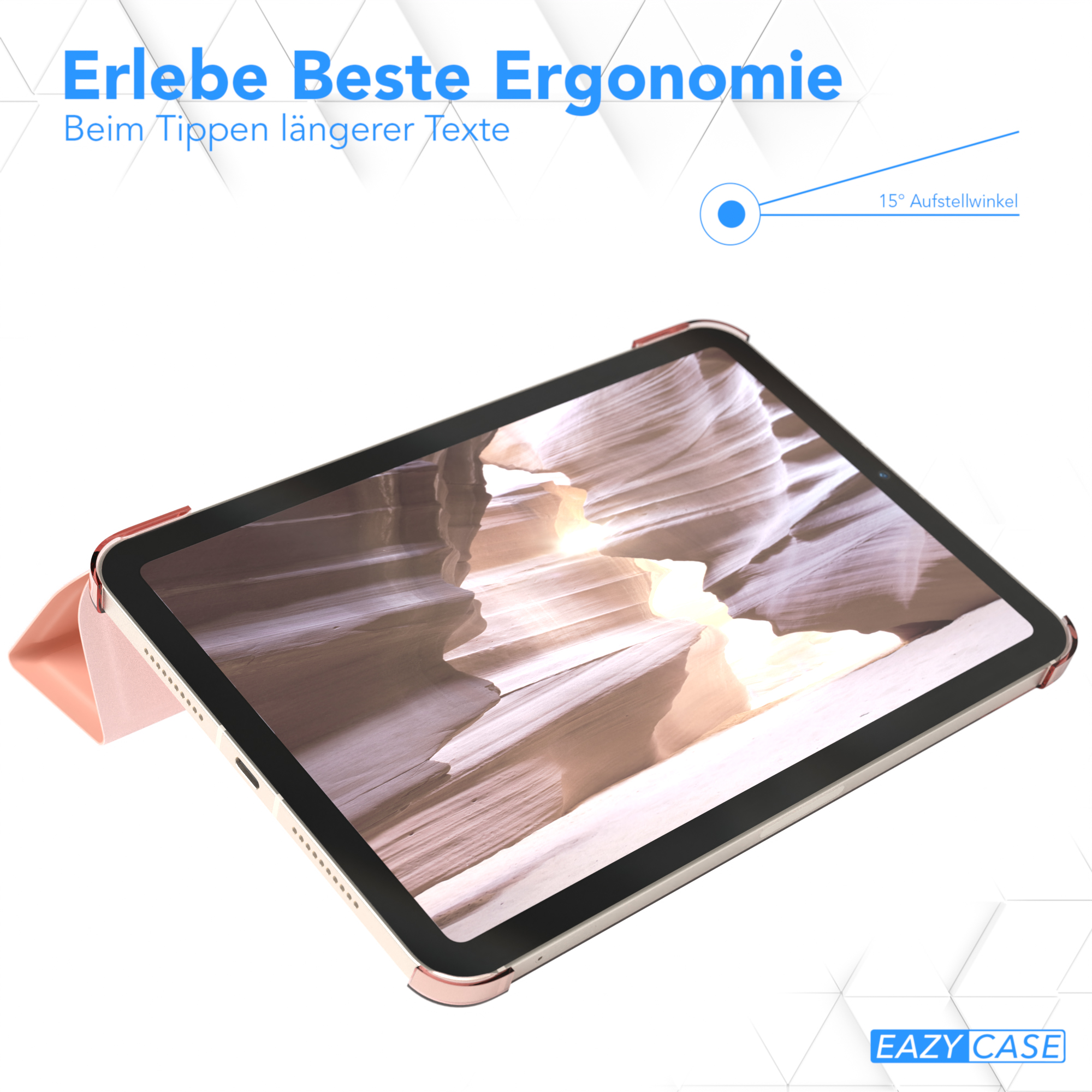 Ein Tablet in einem roségoldenen Gehäuse. Das Tablet ist geöffnet und zeigt den Bildschirm. Text auf Deutsch ist sichtbar.
