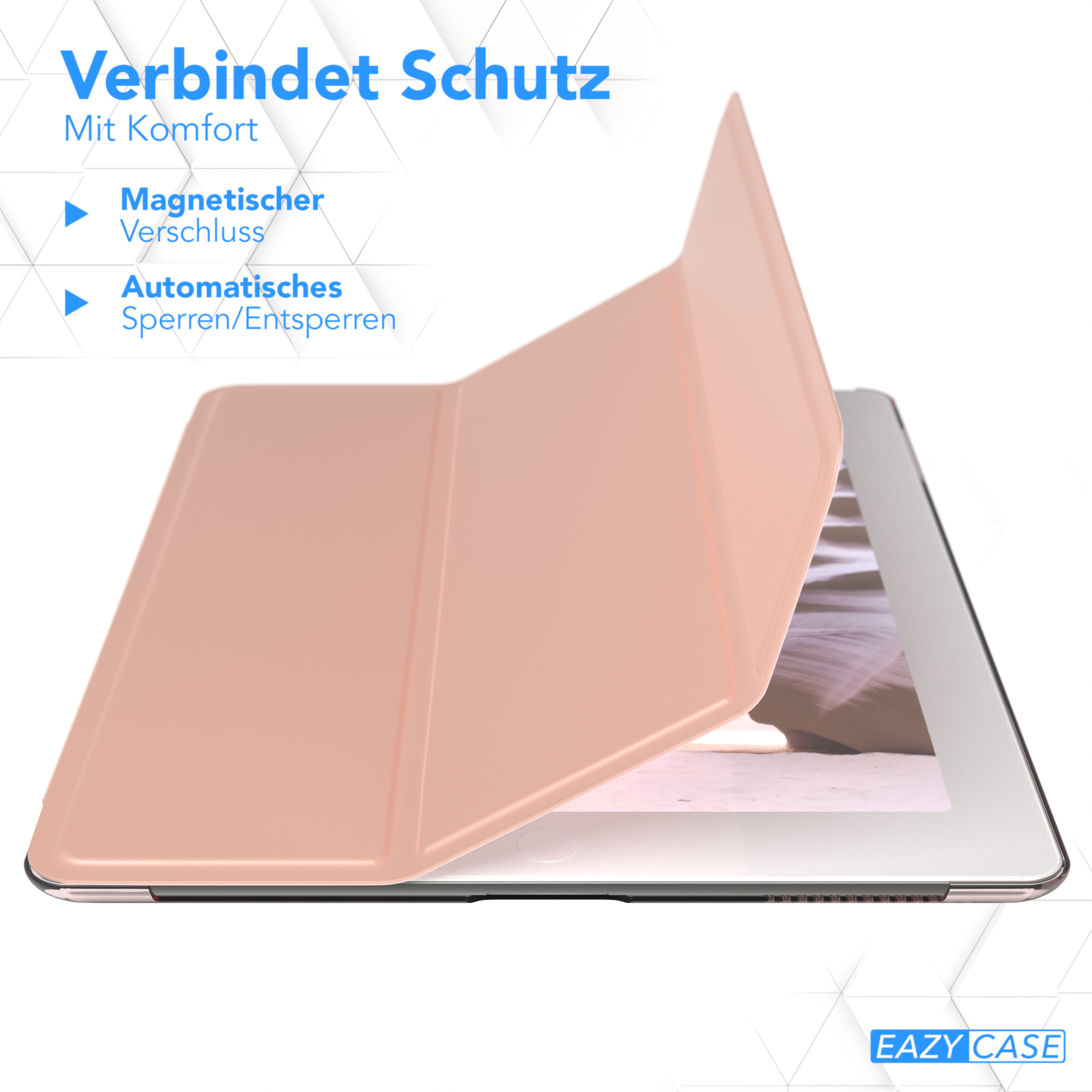 Eine rosa Tablethülle mit einem Tablet darin. Die Hülle ist geöffnet, und das Tablet ist sichtbar.