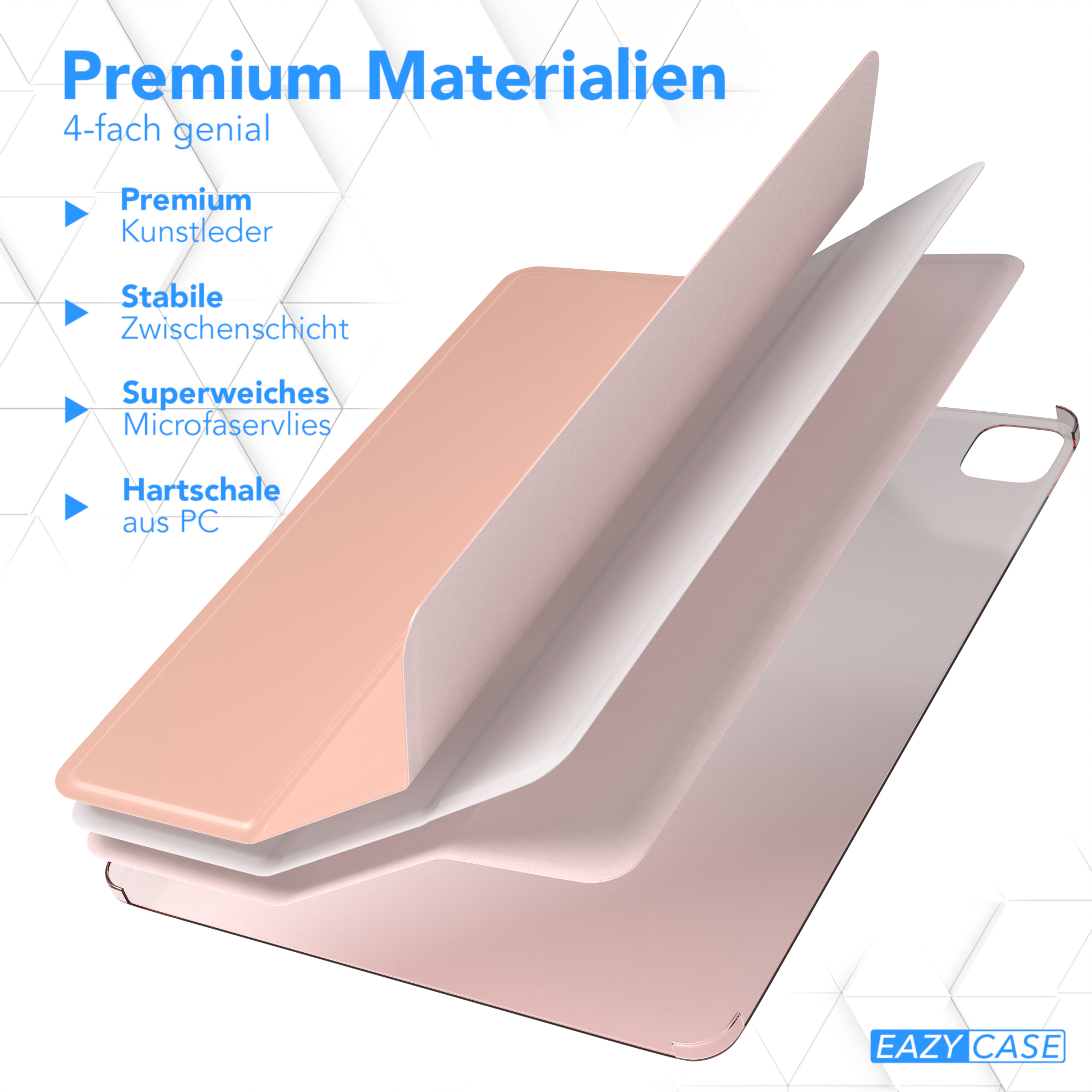 Rosa Handyhüllen-Komponenten. Text: Premium Materialien, 4-fach genial. Hintergrund: weiß.
