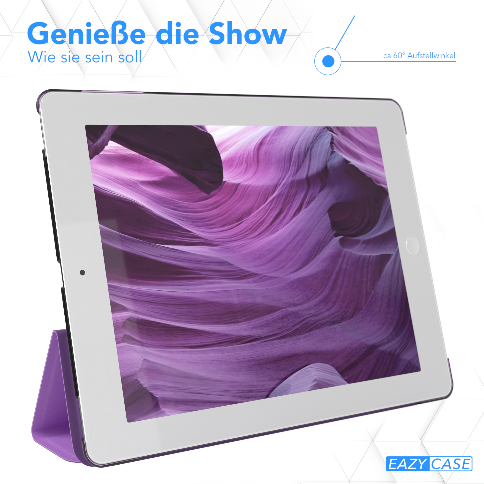 Ein Tablet mit lila Ständer, das ein abstraktes lila und weißes Bild zeigt. Text oben.