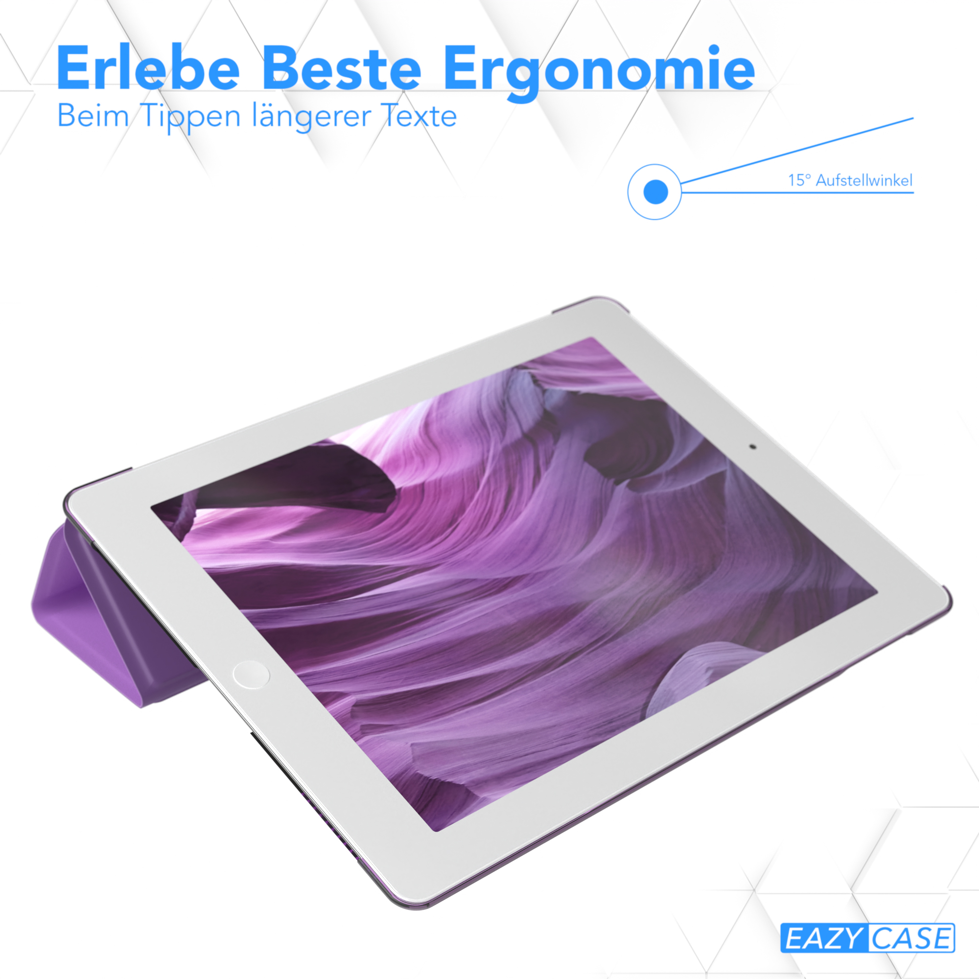 Tablet in einem lila Case, abgewinkelt, mit lila strukturiertem Hintergrund und Text.