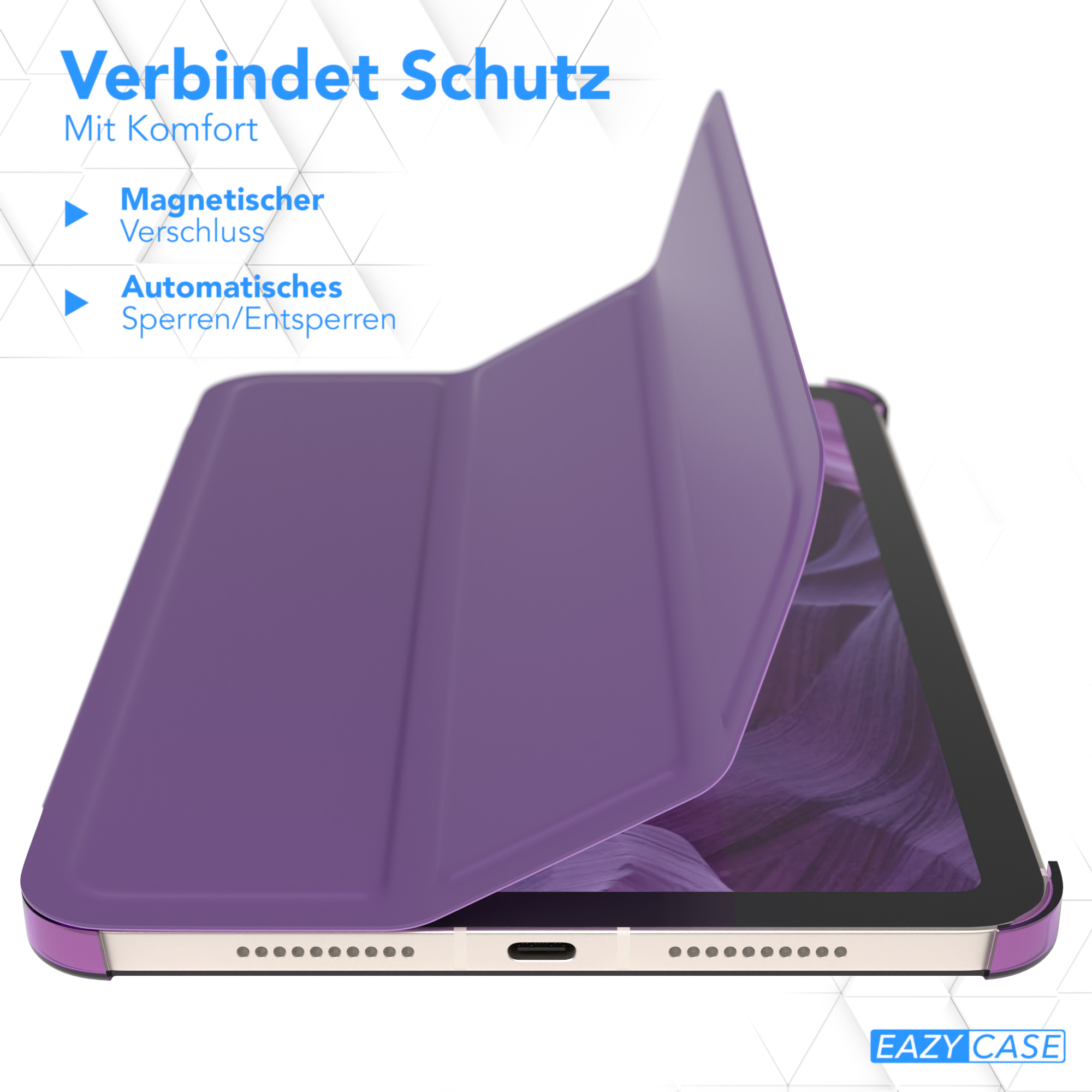 Teilweise geöffnetes Tablet-Case, mit Text über Schutzfunktionen.