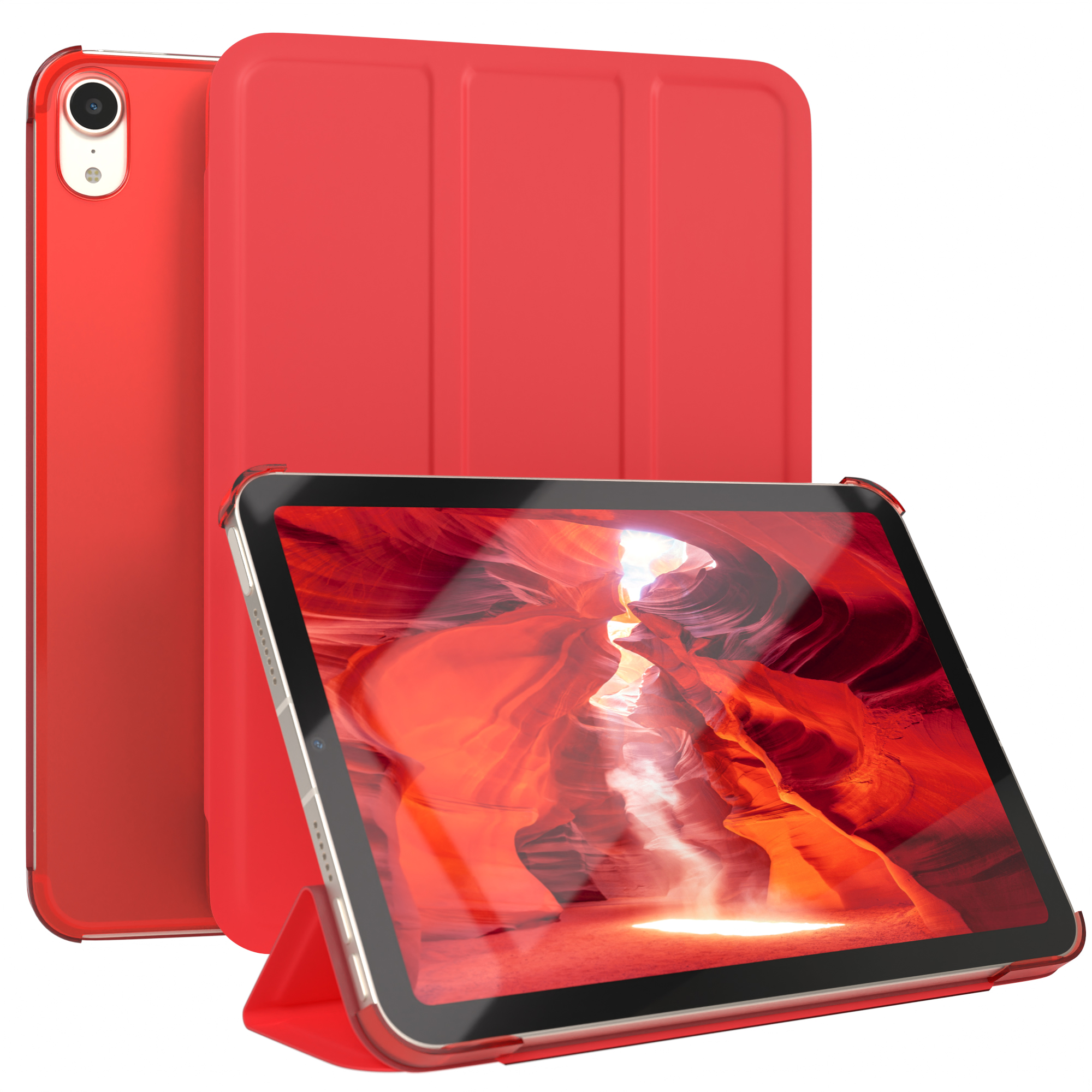 Rotes iPad und Hülle, iPad ist geöffnet, auf einem Ständer. Weißer Hintergrund.