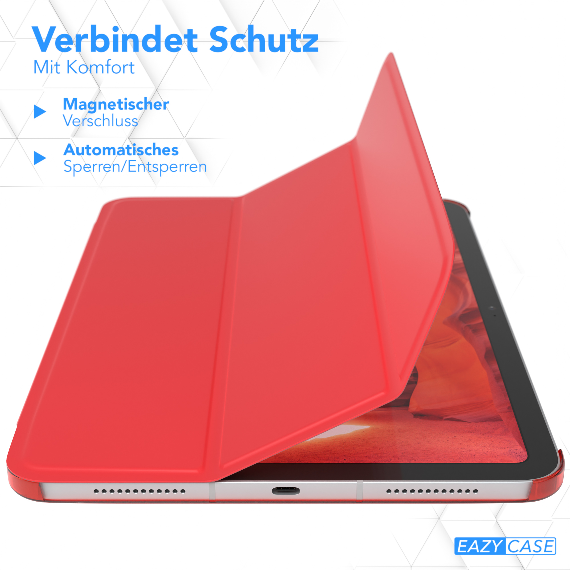 Eine rote Tablet-Hülle mit Magnetverschluss. Die Hülle ist geöffnet und zeigt den Tablet-Bildschirm.