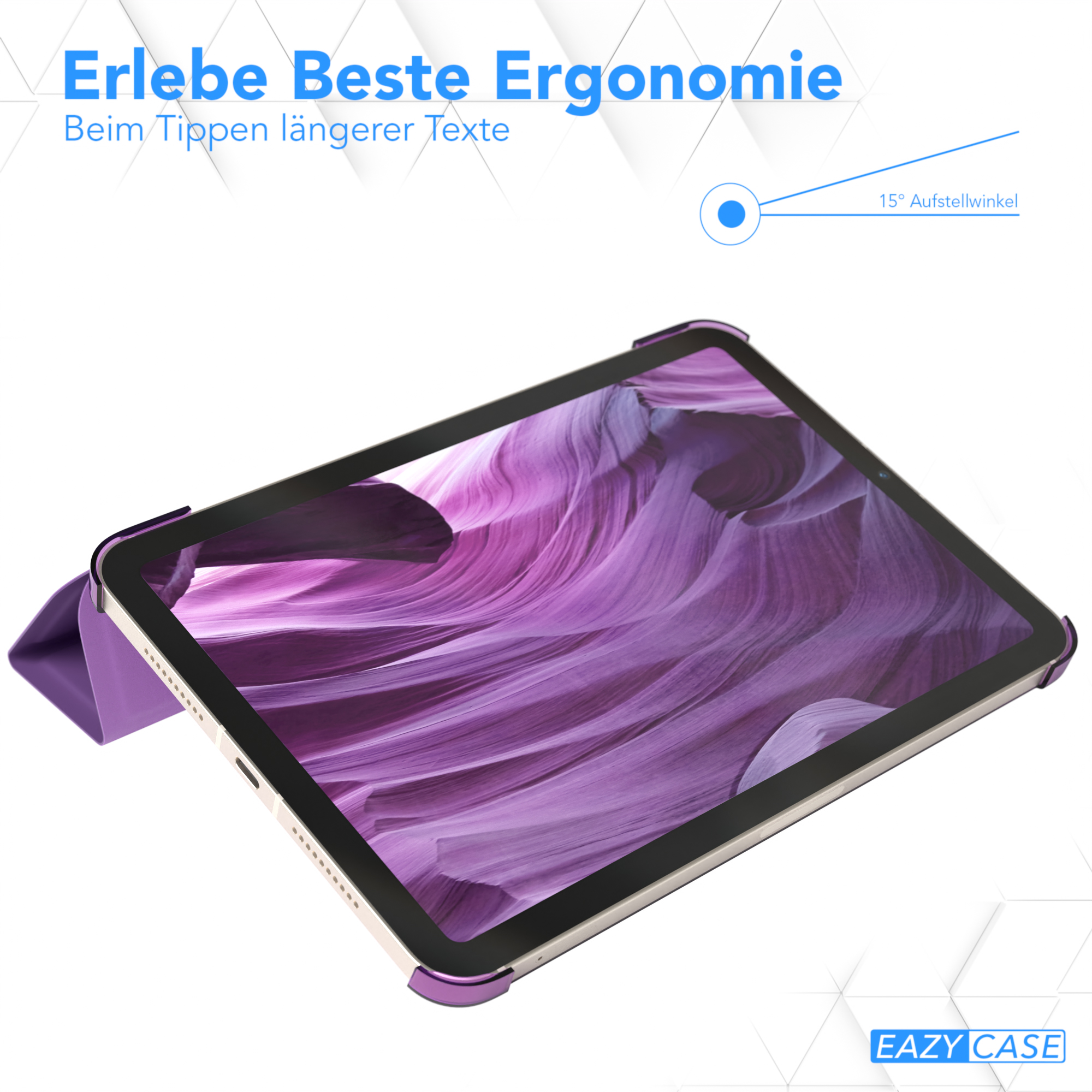Tablet mit lila Hülle, zeigt Landschaftsbild. Text oben links.