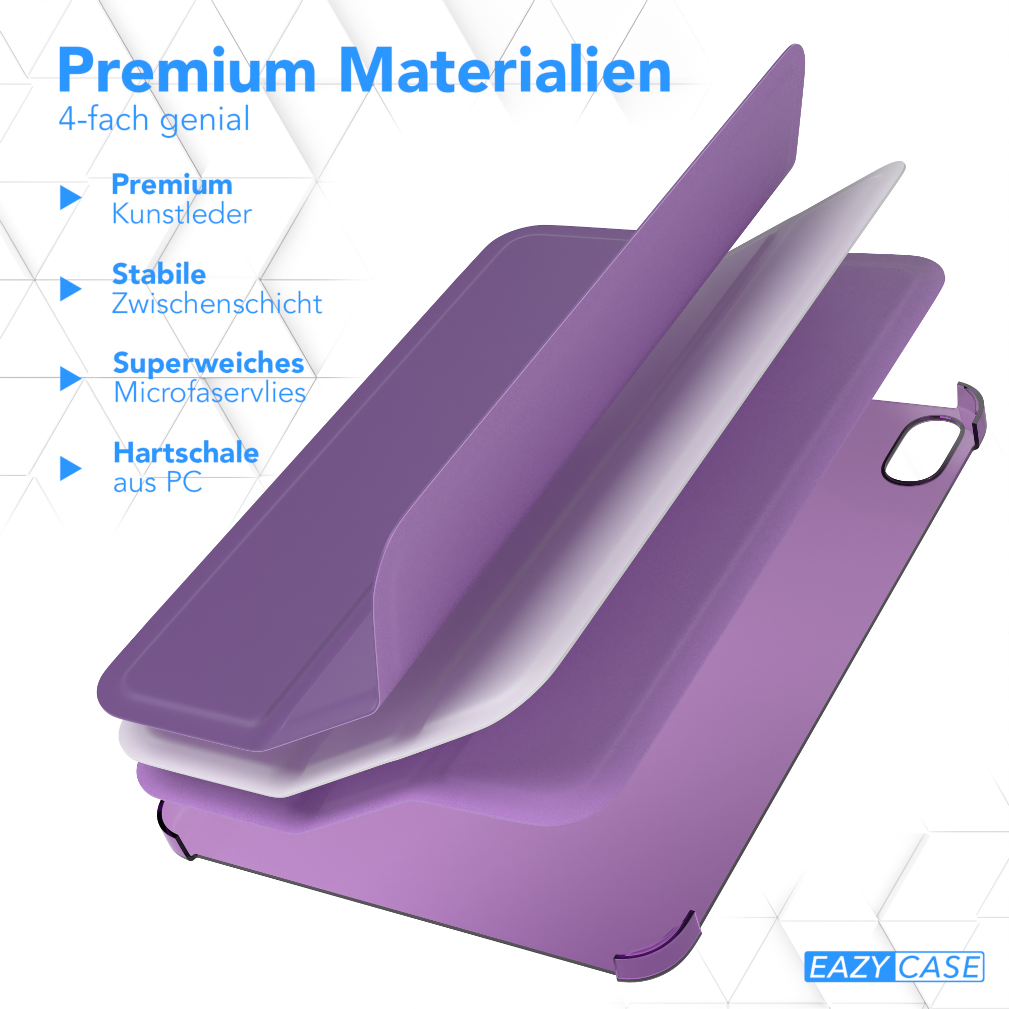 Eine lila Handyhülle mit Schichten. Zeigt Premium-Leder, eine stabile Schicht und eine harte PC-Schale.