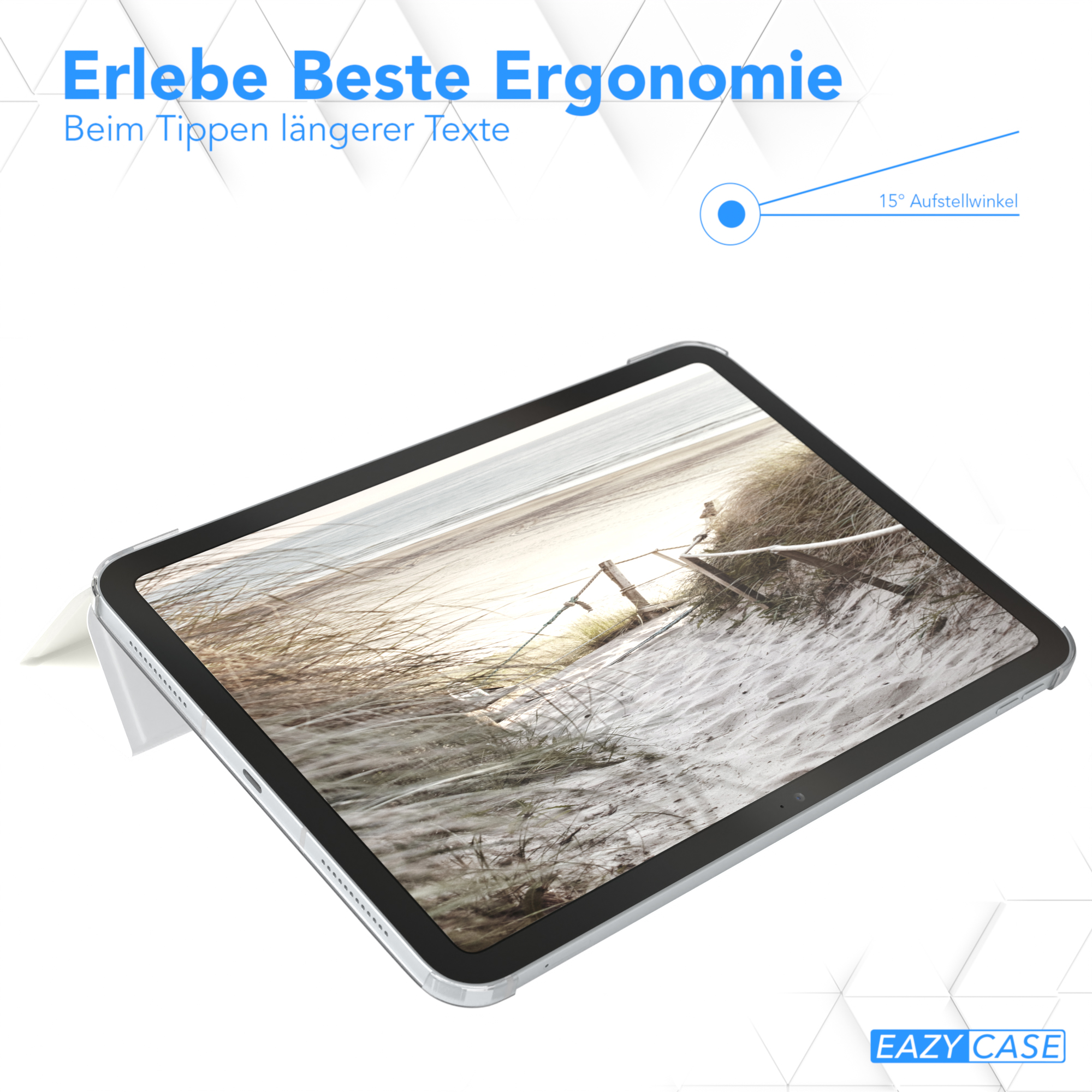 Ein Tablet in einem Gehäuse, auf einem Tisch, mit Strandbild auf dem Bildschirm.