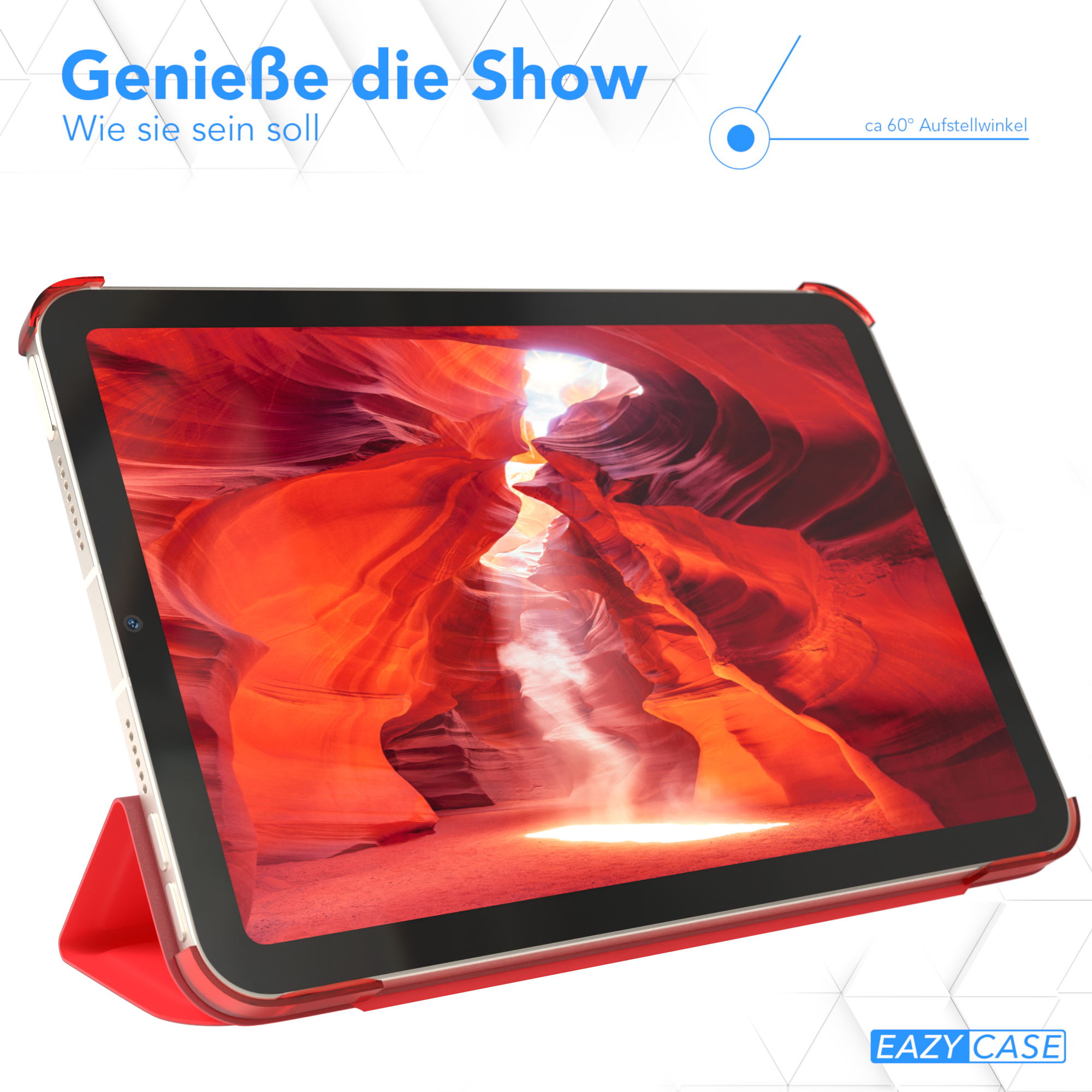 Tablet in roter Hülle, geneigt. Rotes und Canyon-Bild auf dem Bildschirm. Weißer Hintergrund.