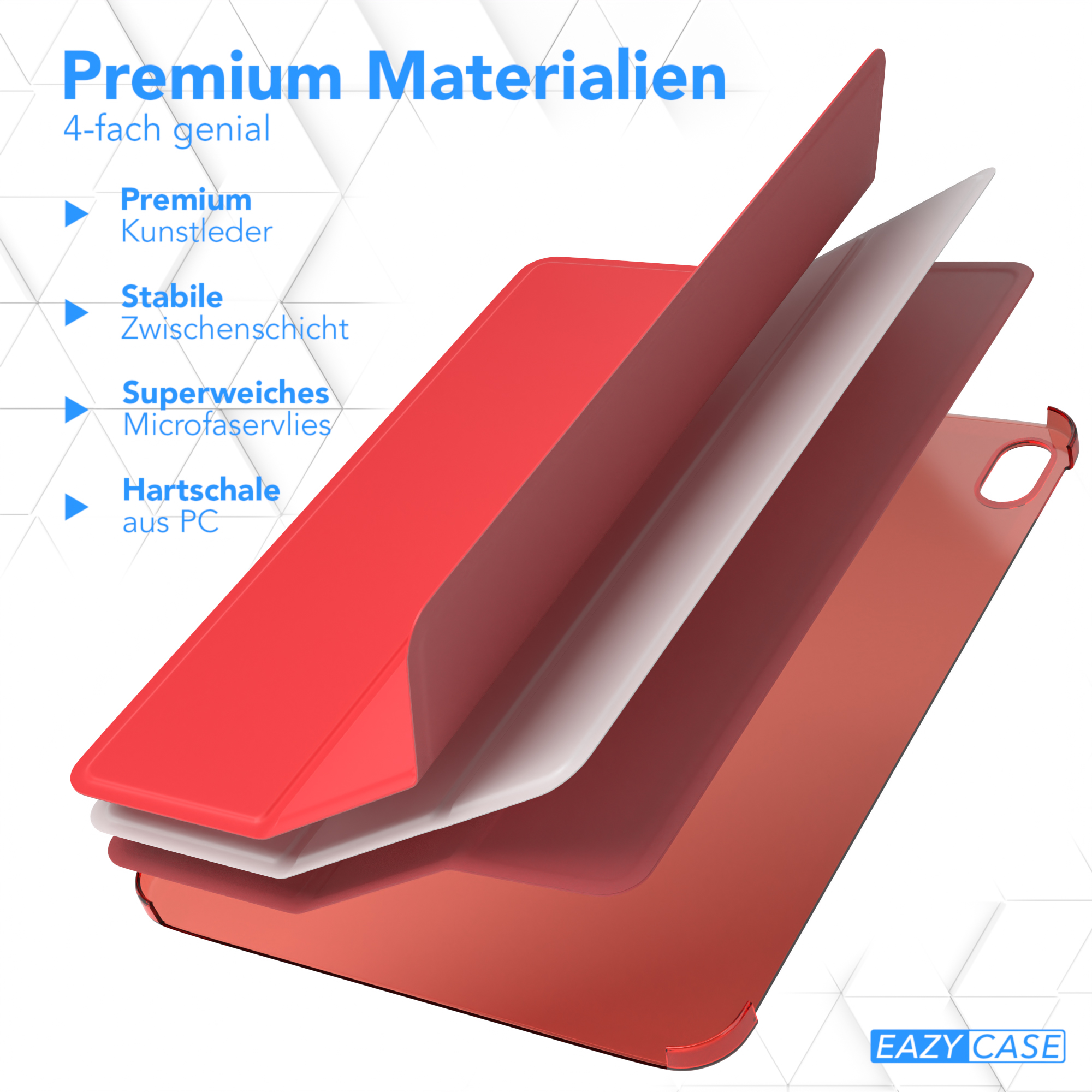 Rote Handyhülle mit Materialschichten. Text: Premium-Materialien, Premium-Leder, stabile Schichten.
