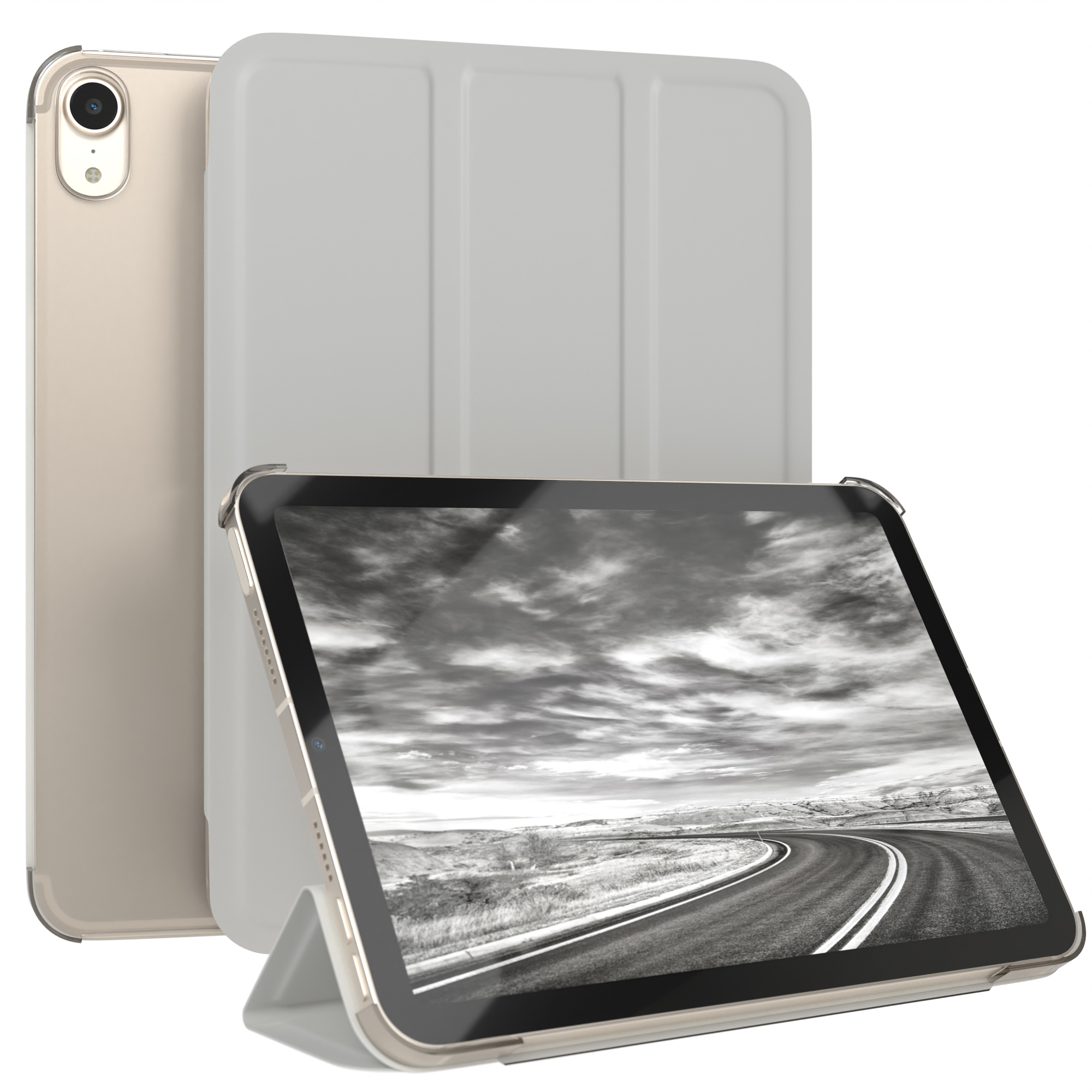 Goldenes Tablet mit Straßenanzeige auf dem Bildschirm, Abdeckung und Rückseite.