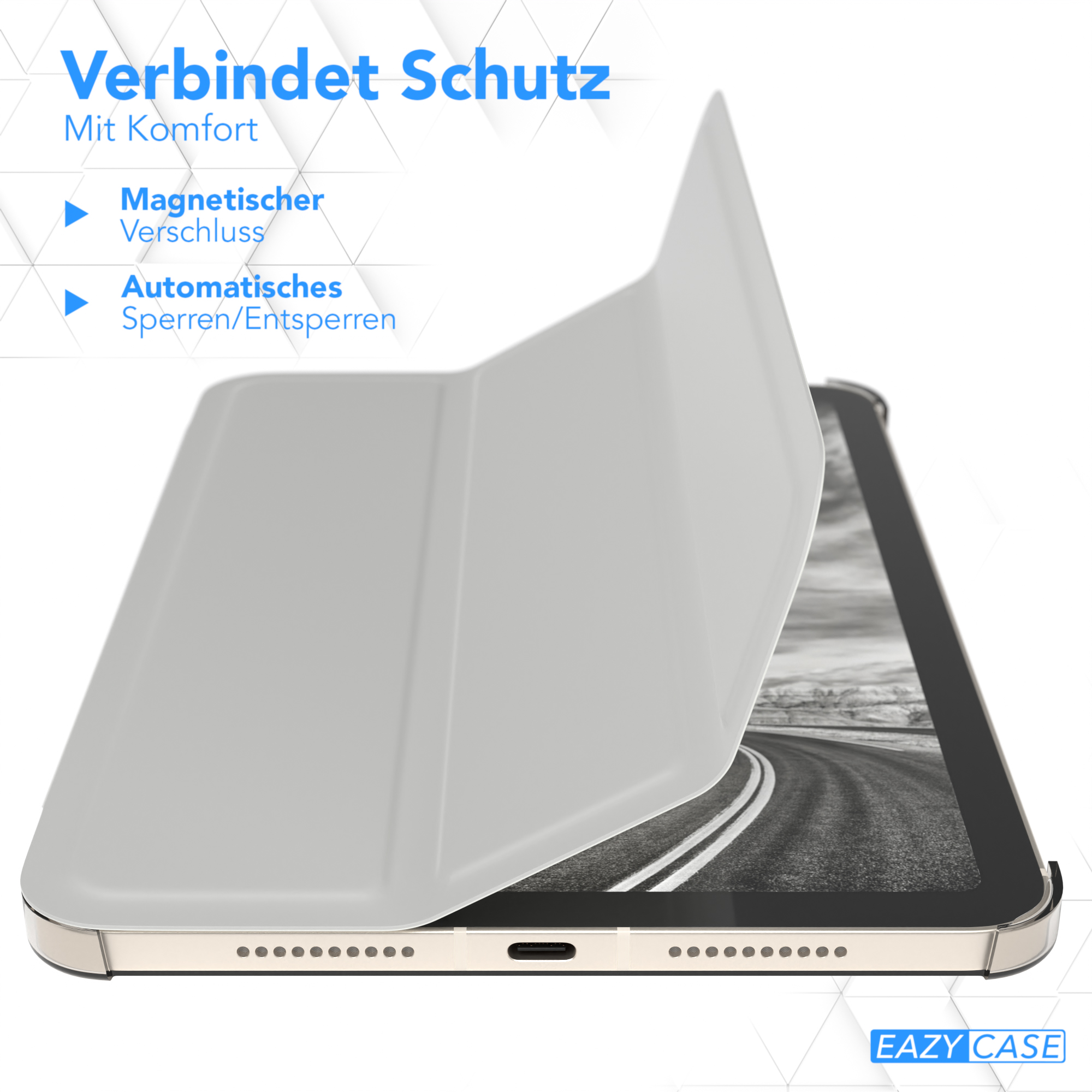 Tablet-Hülle mit Magnetverschluss, geöffnet, um ein Straßenbild auf dem Bildschirm zu enthüllen. Text sagt 'Verbindet Schutz'.