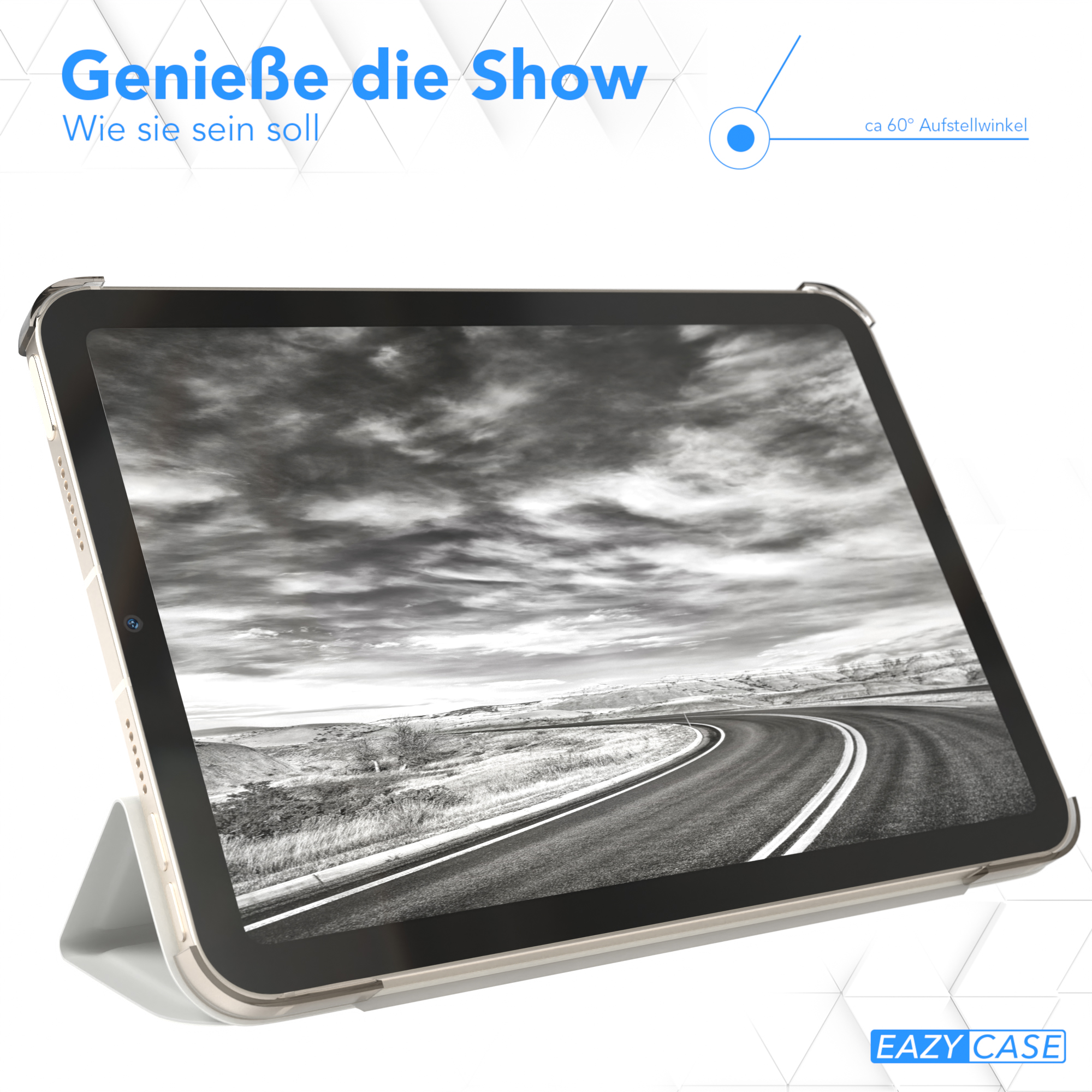 Tablet in Hülle, geneigt. Schwarz-Weiß-Straßenbild auf dem Bildschirm. Weißer Hintergrund.