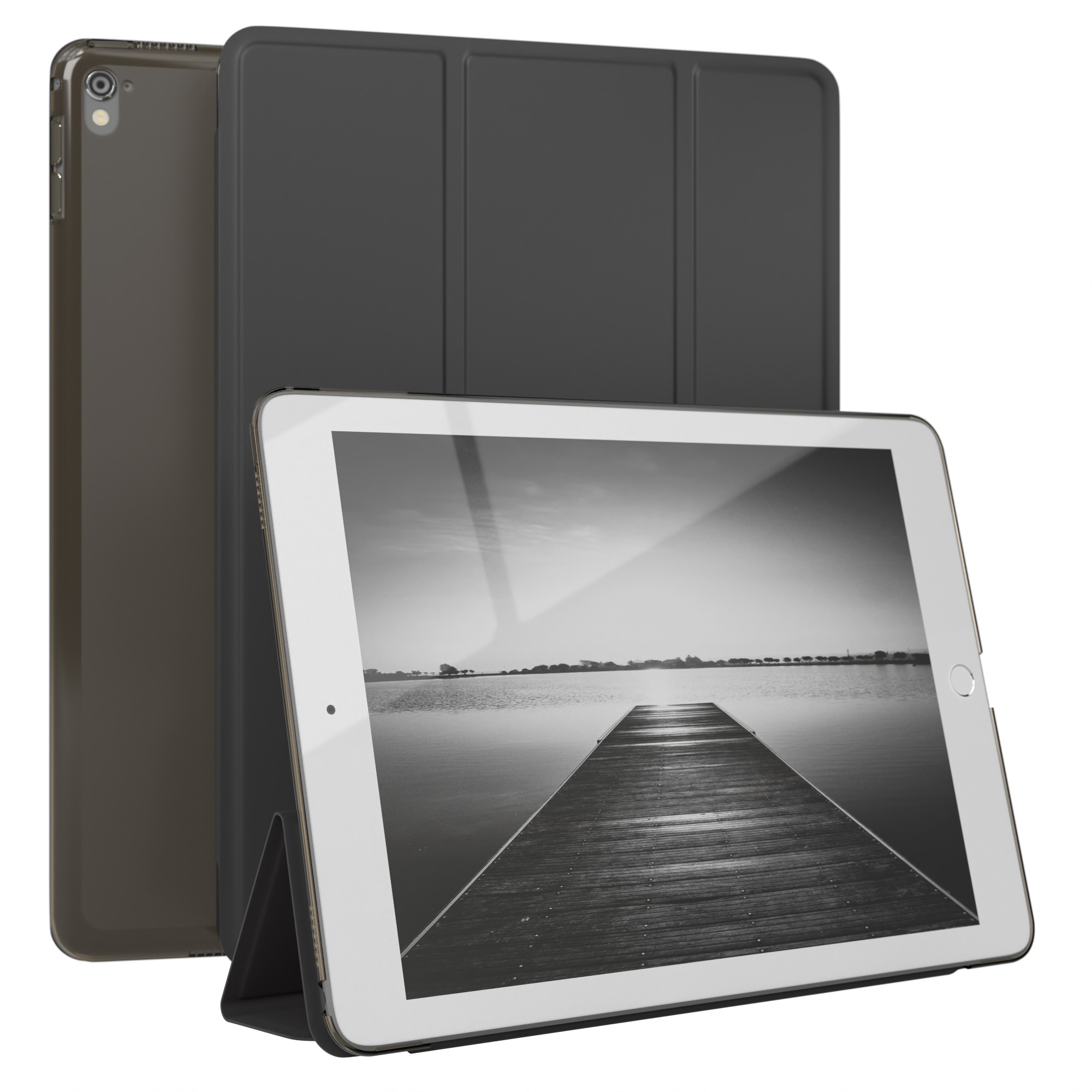 Tablet mit Hülle, zeigt einen Bildschirm mit einem Bild eines Holzstegs auf weißem Hintergrund.