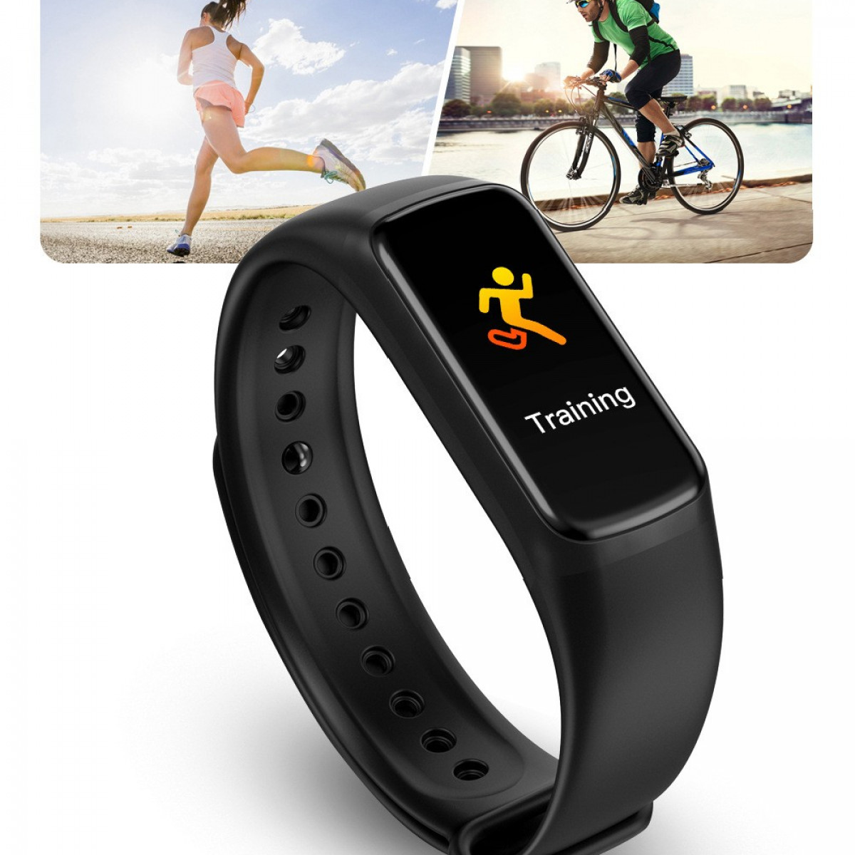 Czarny tracker fitness z napisem 'Training' na ekranie. Ludzie biegają i jeżdżą na rowerze w tle.
