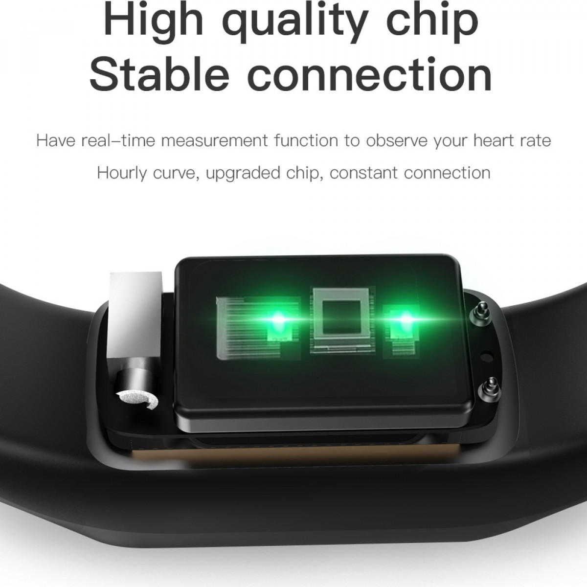 Zbliżenie smartwatcha z zielonym światłem, czujnikiem tętna i czarnym paskiem.