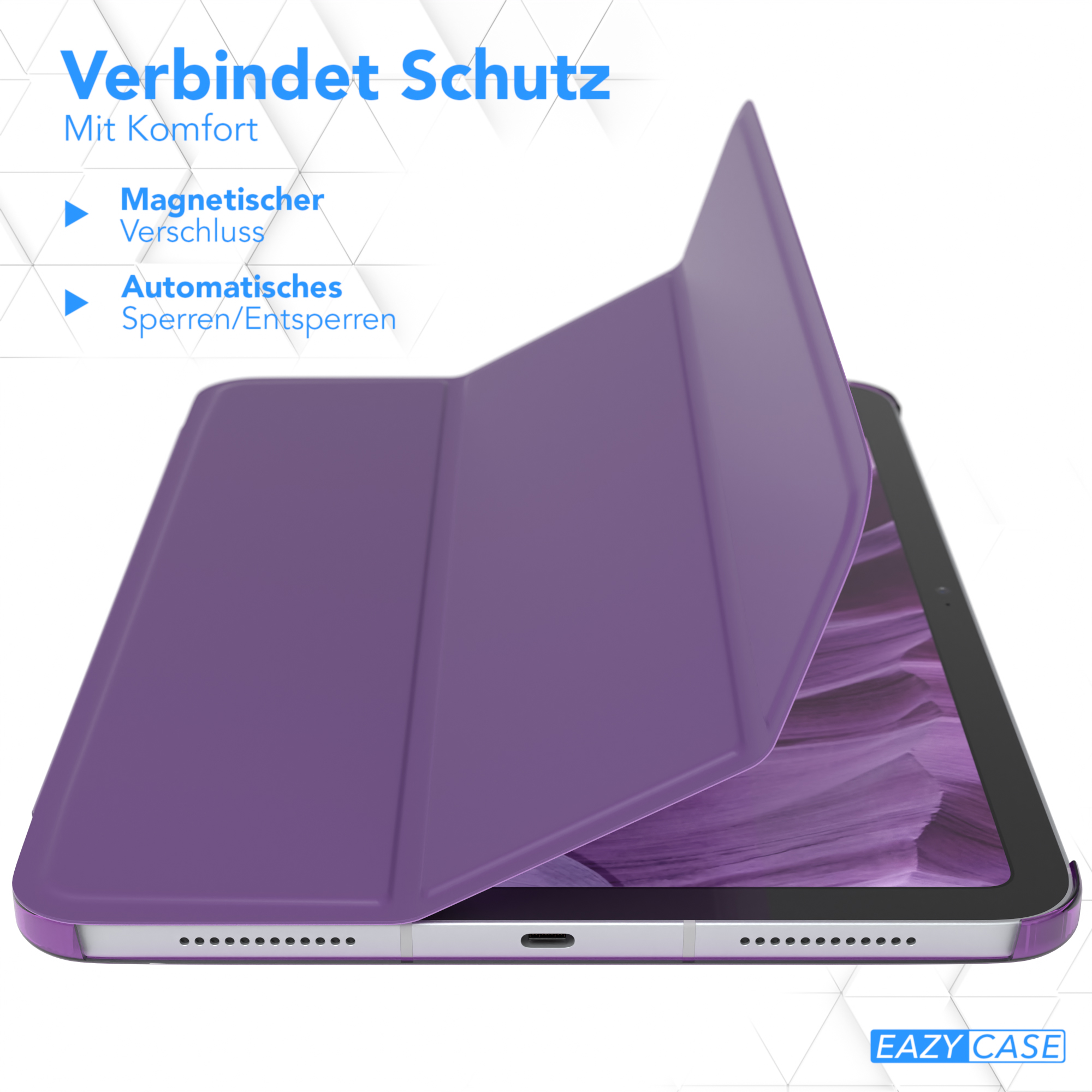 Eine lila Tablethülle, geöffnet, mit einem Tablet im Inneren. Die Hülle hat einen Magnetverschluss.