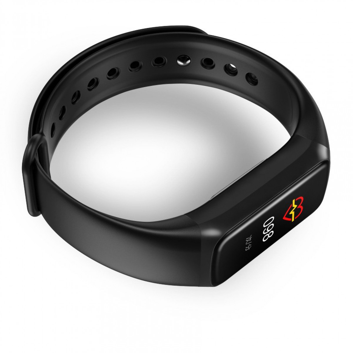 Czarny tracker fitness z monitorem tętna. Jest okrągły i ma czarny pasek.