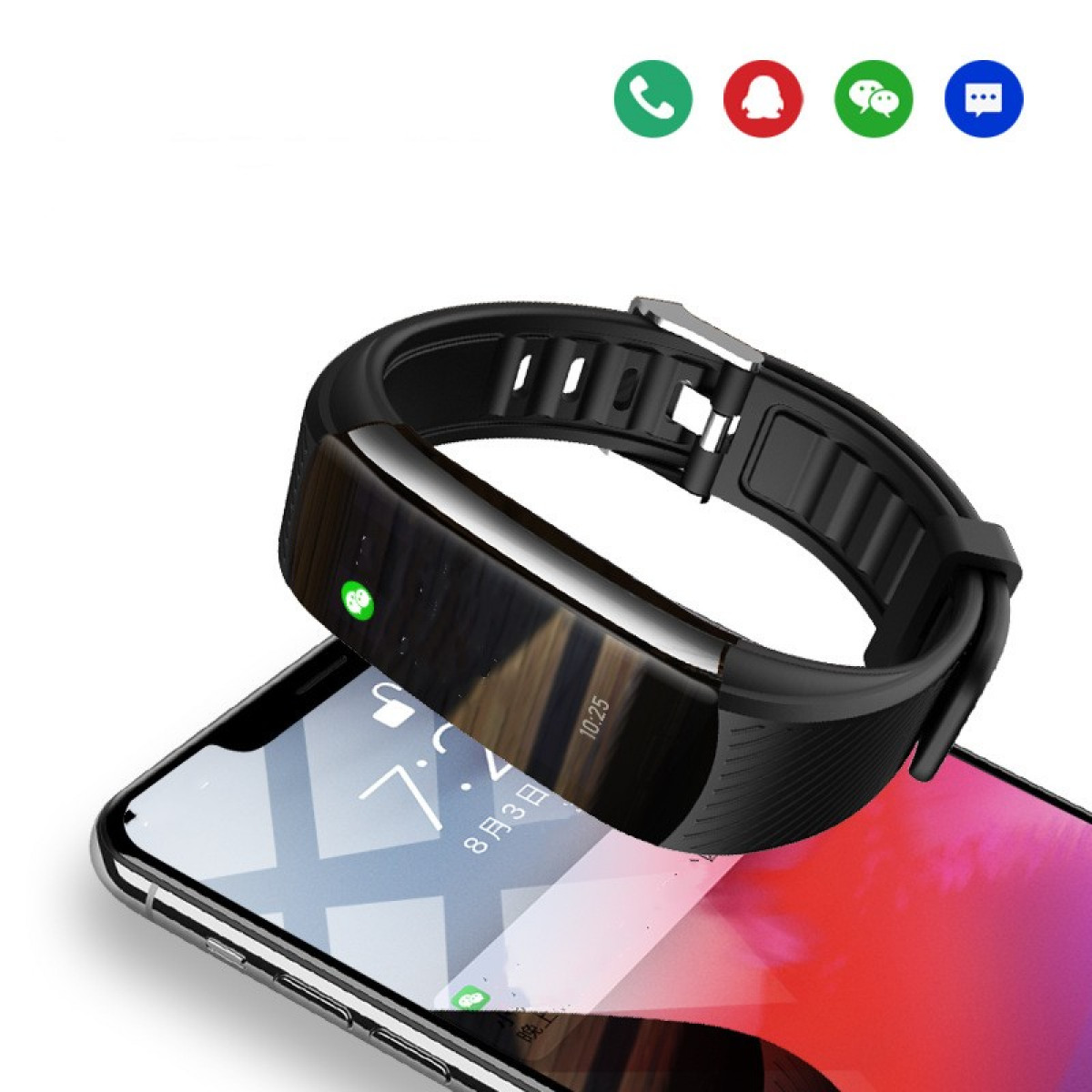 Czarny zegarek fitness tracker na telefonie. Zegarek pokazuje godzinę. Nad nim znajdują się ikony.