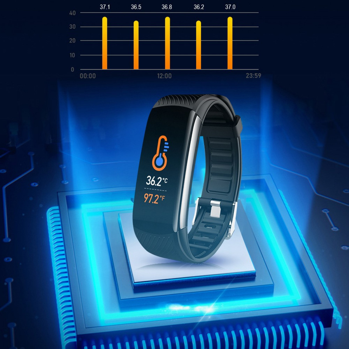 Czarny tracker fitness wyświetla odczyt temperatury. Wykres pokazuje wahania temperatury.
