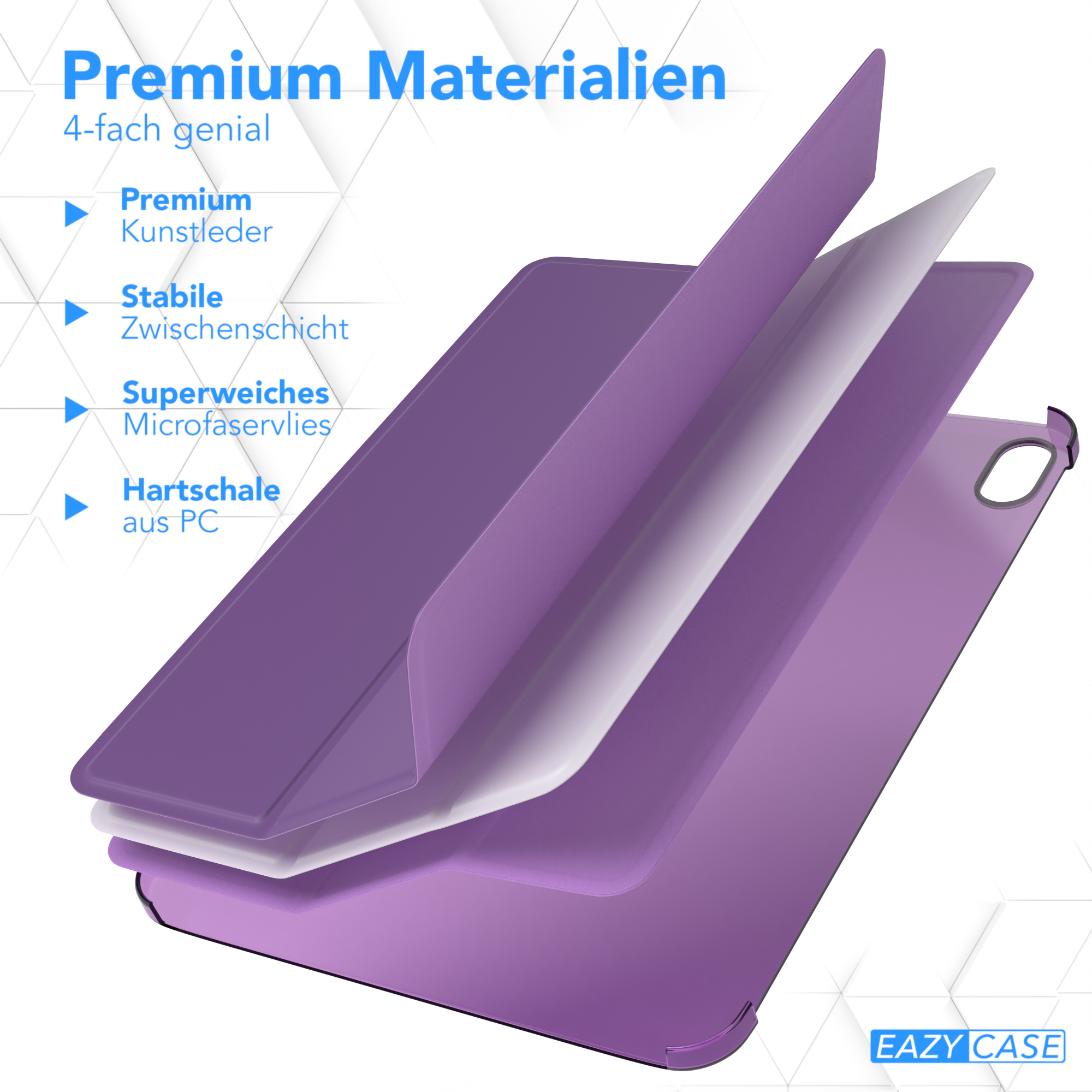 Lila Tablet-Hülle mit Materialschichten. Text: Premium Materialien.