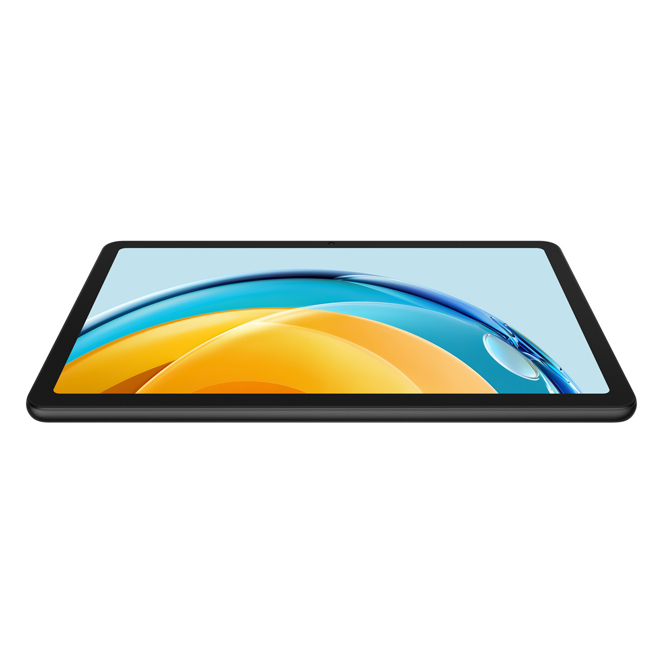 Ein Tablet auf weißem Hintergrund, das ein farbenfrohes, abstraktes Bild zeigt.