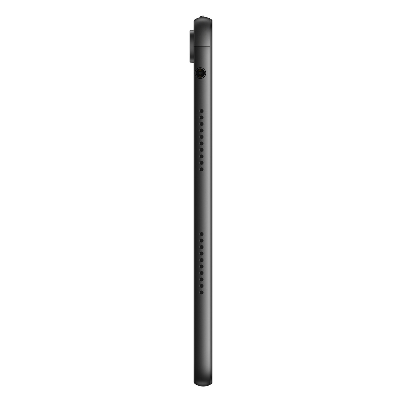 Ein schwarzes Tablet in vertikaler Position vor weißem Hintergrund. Die Seite zeigt Anschlüsse und Tasten.