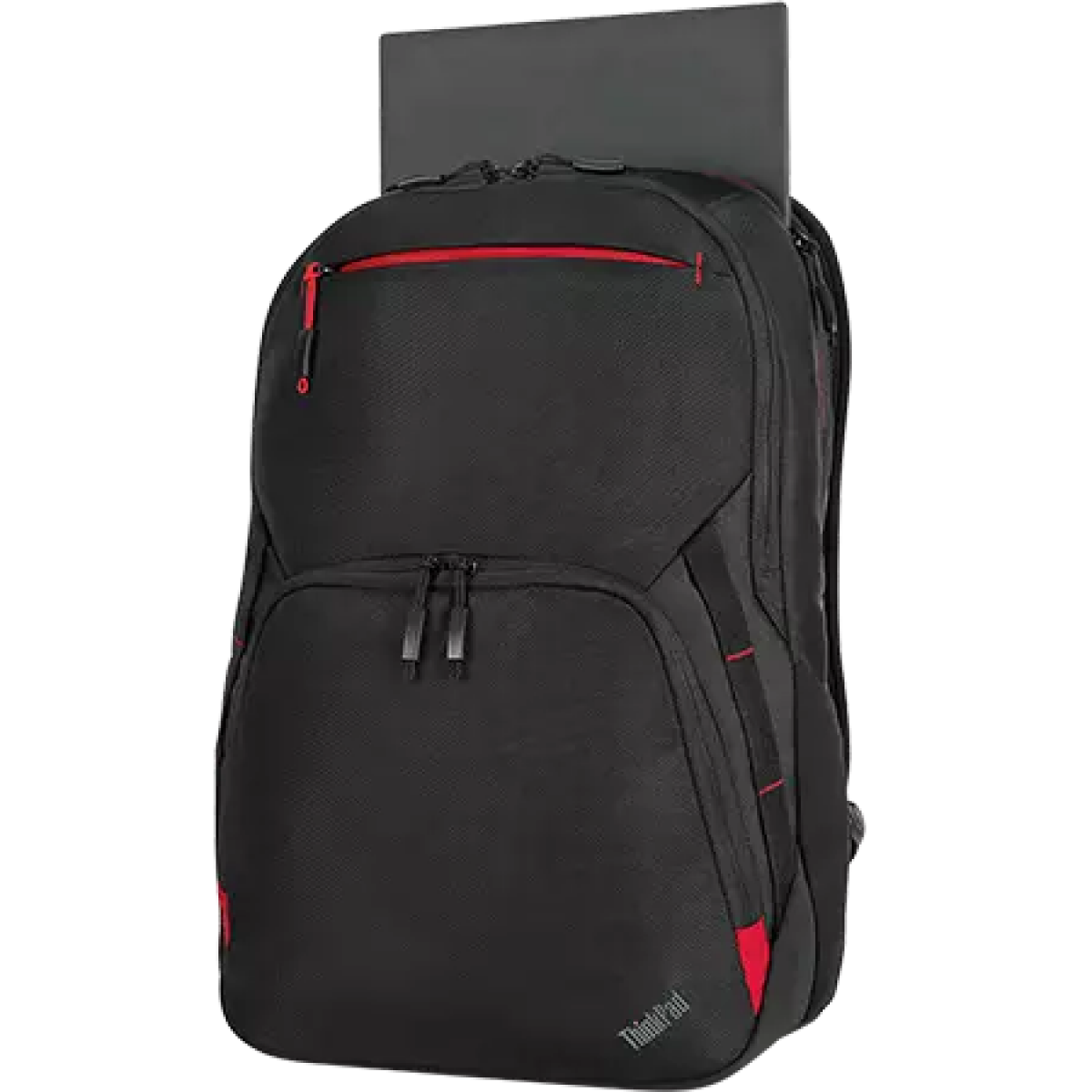 Schwarzer Rucksack mit roten Akzenten, ein Laptop ist teilweise sichtbar. Das ThinkPad-Logo ist unten.