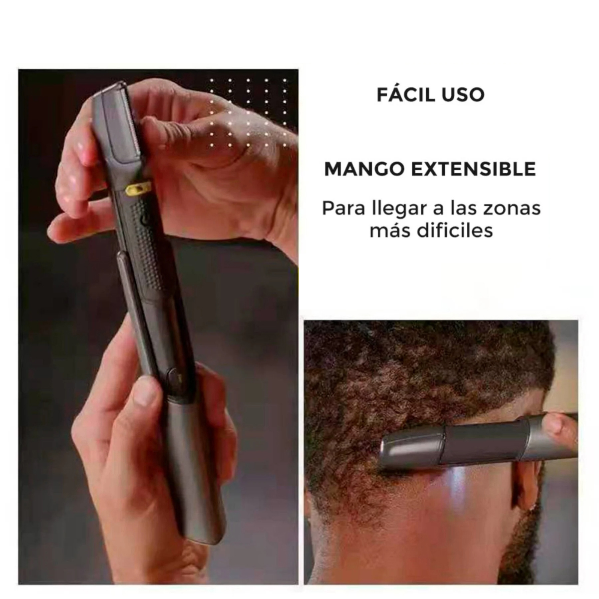 Recortador eléctrico con mango extensible, con imágenes de uso sobre fondo blanco.