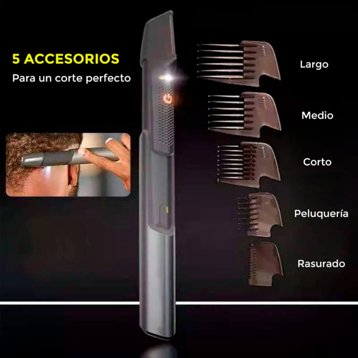 Una herramienta de aseo con accesorios para diferentes longitudes de cabello, con una pequeña imagen de demostración.