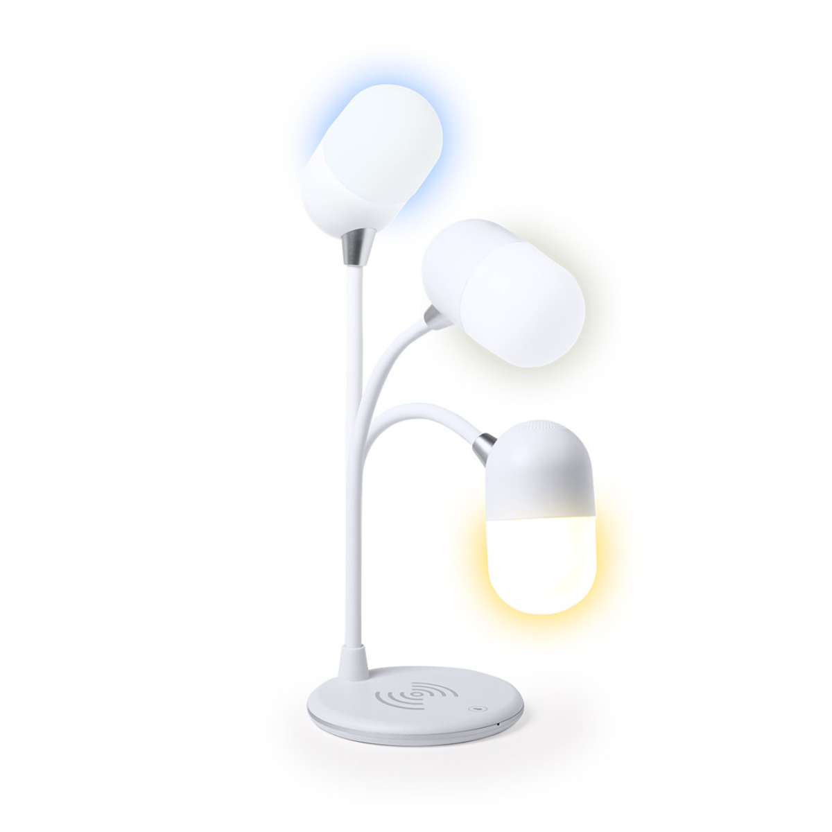 Lámpara blanca con tres luces. Dos blancas y una amarilla, sobre un soporte blanco.