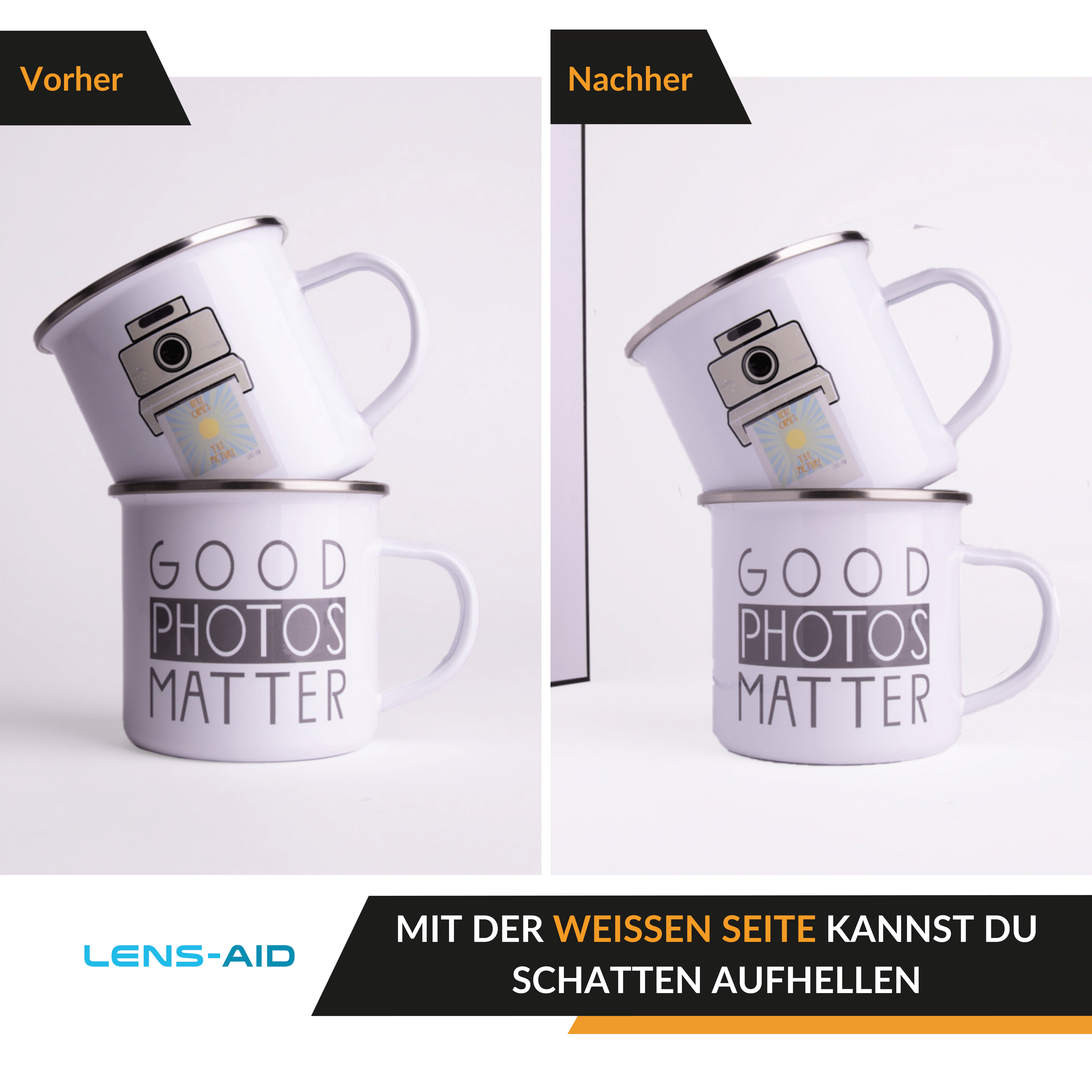 Zwei weiße Tassen mit den Worten 'Good Photos Matter' und einem Kamera-Logo. Weißer Hintergrund.