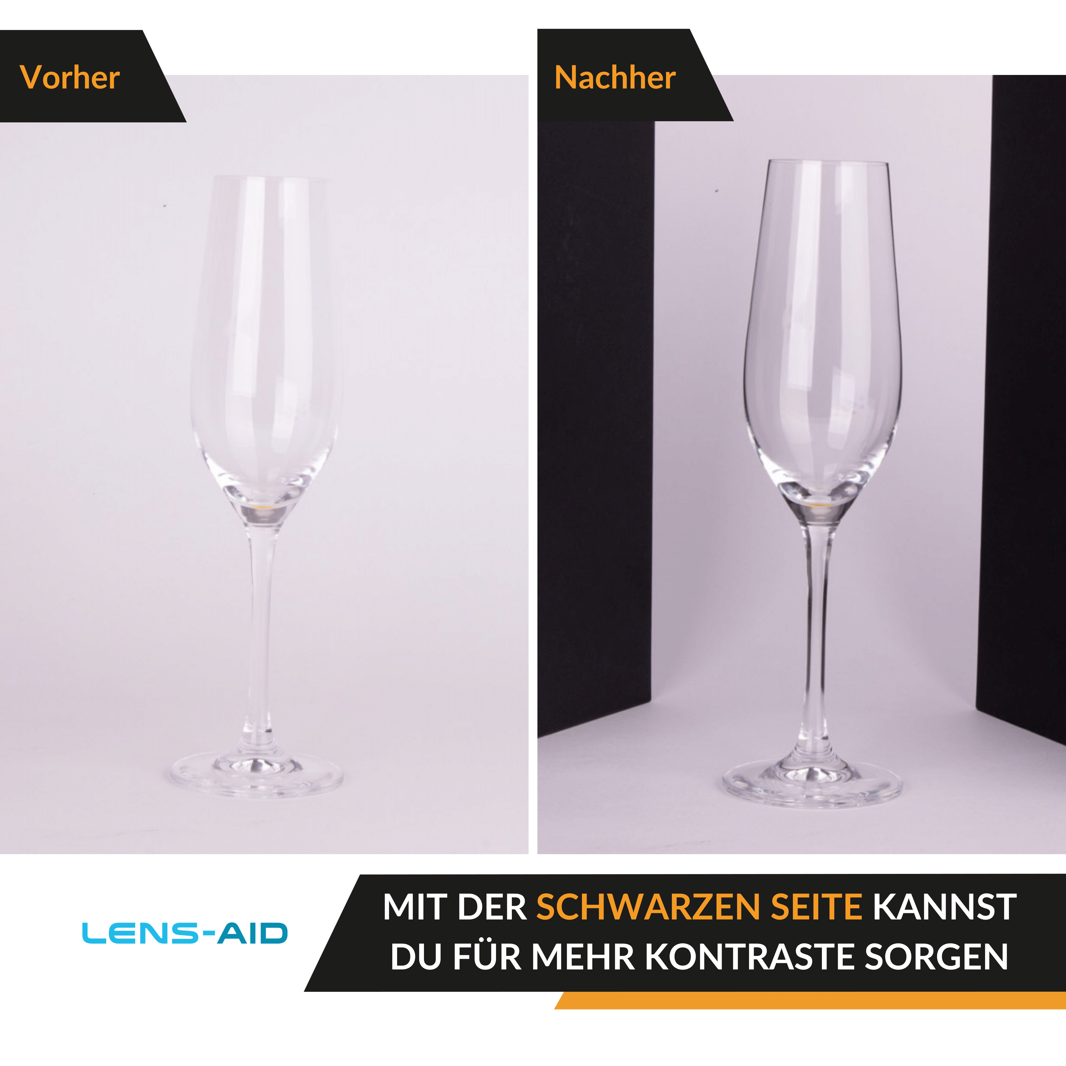 Sektgläser vorher und nachher, mit schwarzem Hintergrund für Kontrast.