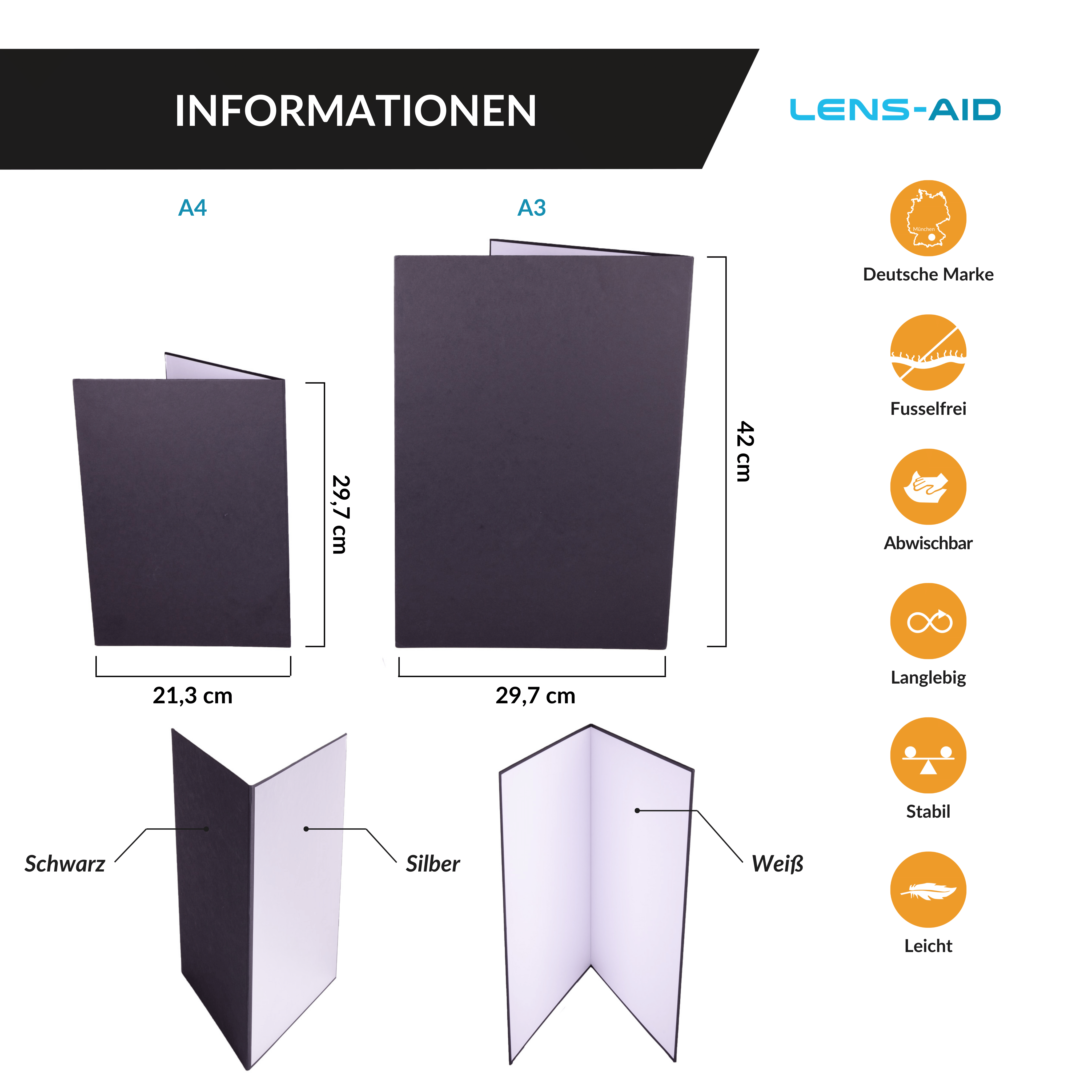 Informationstafel mit A4/A3 Papierformaten und Diagrammen, die Abmessungen und Eigenschaften zeigen.