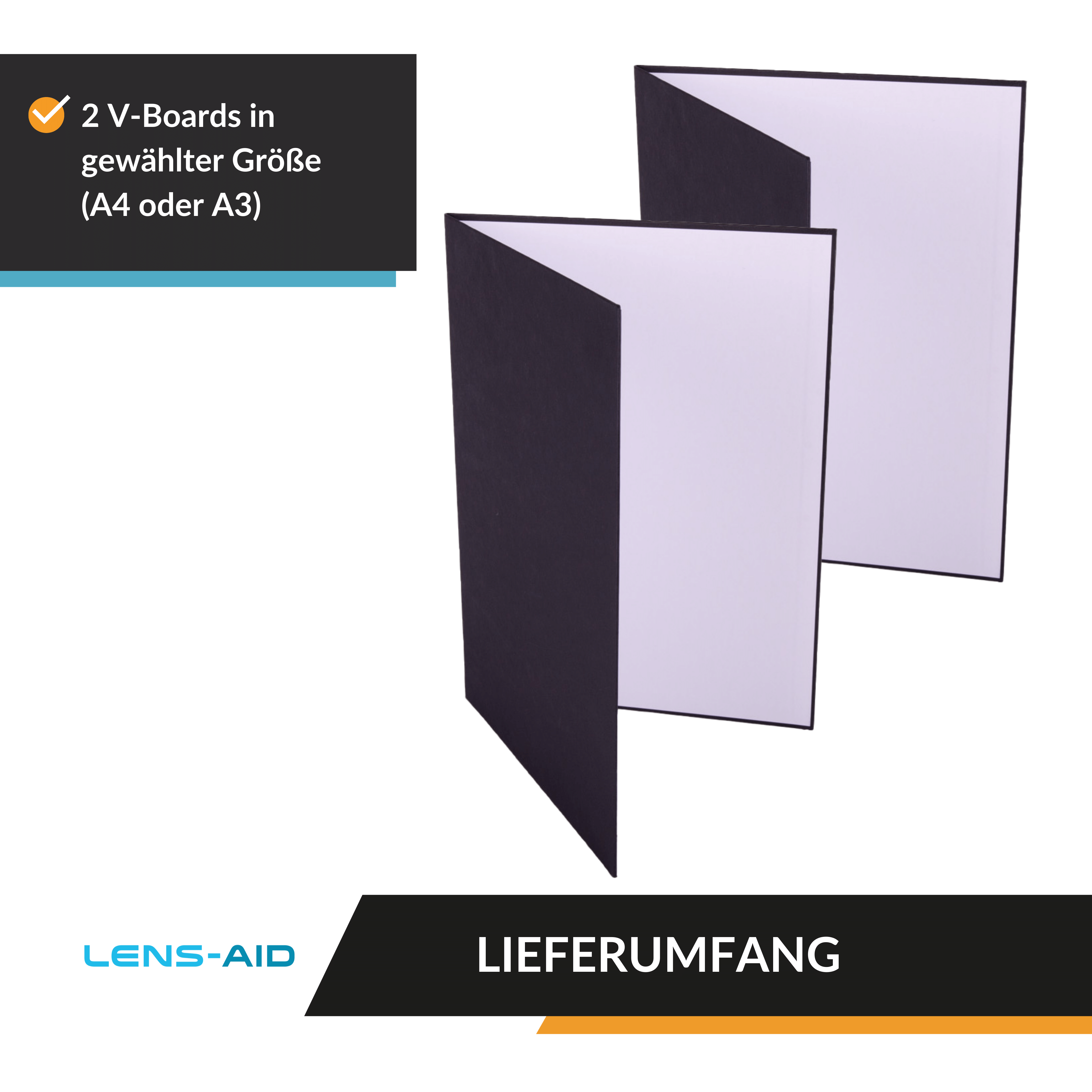 Zwei schwarze V-Boards, teilweise geöffnet, vor weißem Hintergrund. Text unten.