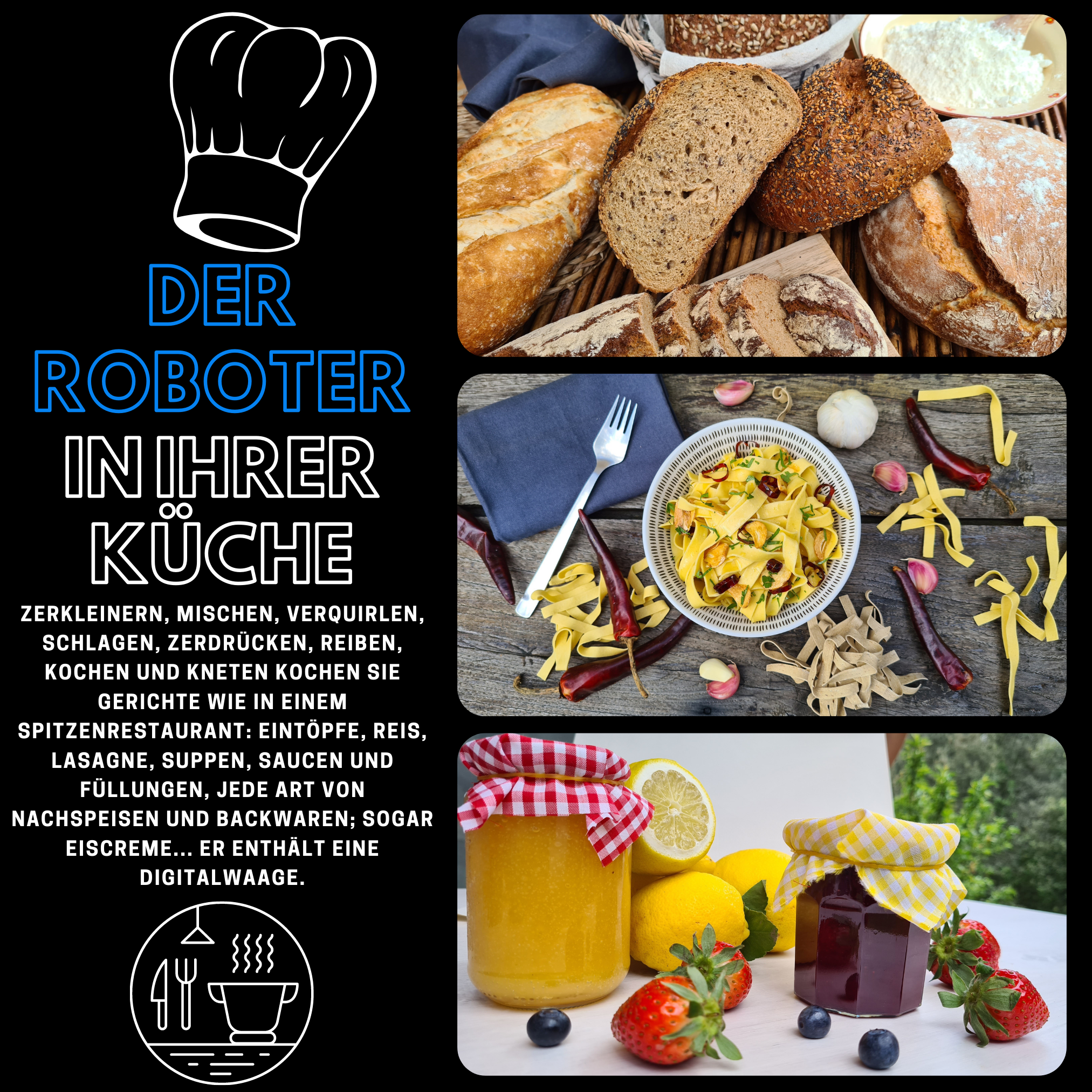 Collage mit verschiedenen Lebensmitteln, darunter Brot, Pasta und Marmeladen, mit Kochtext.