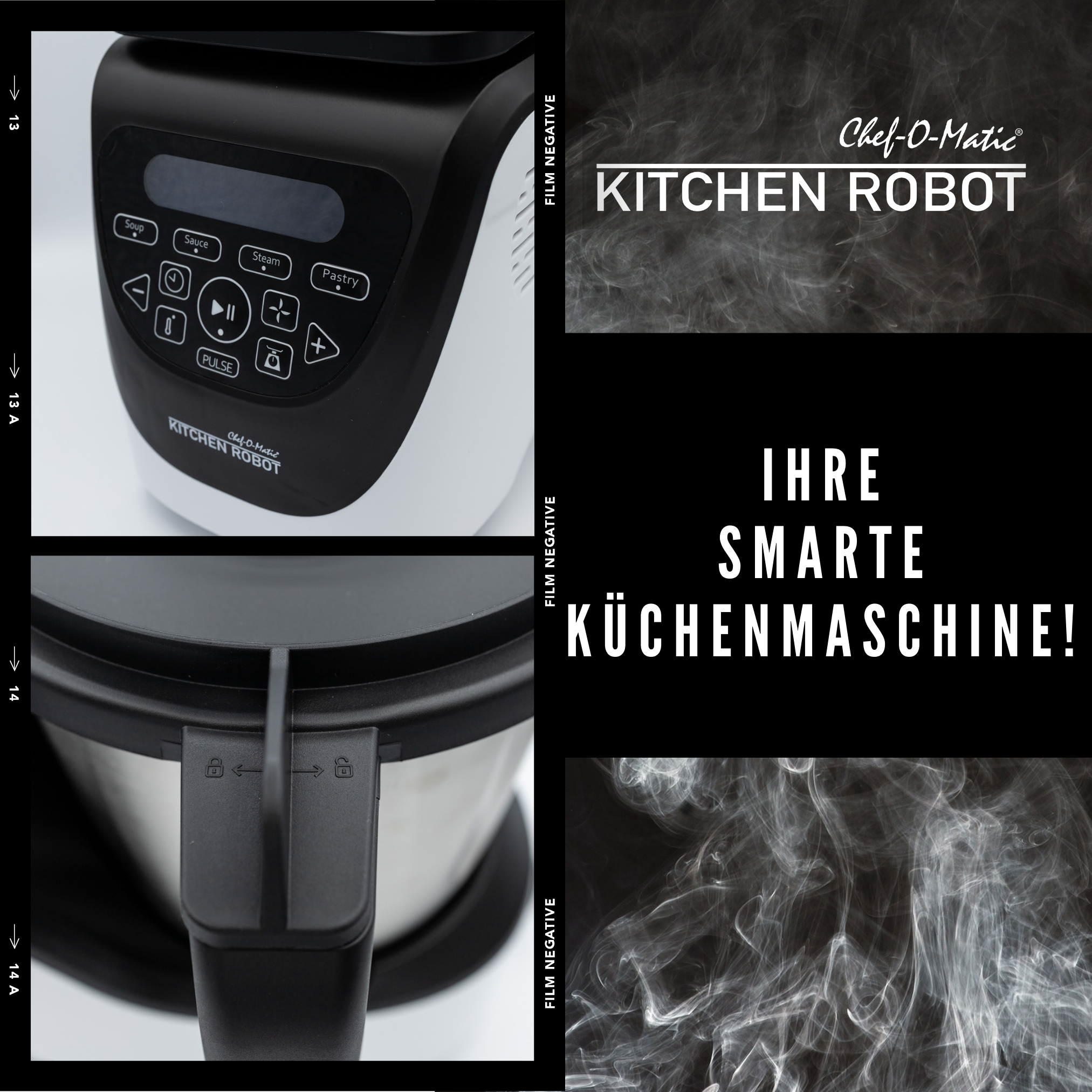 Ein Küchenroboter mit Knöpfen und eine Grafik mit Text.
