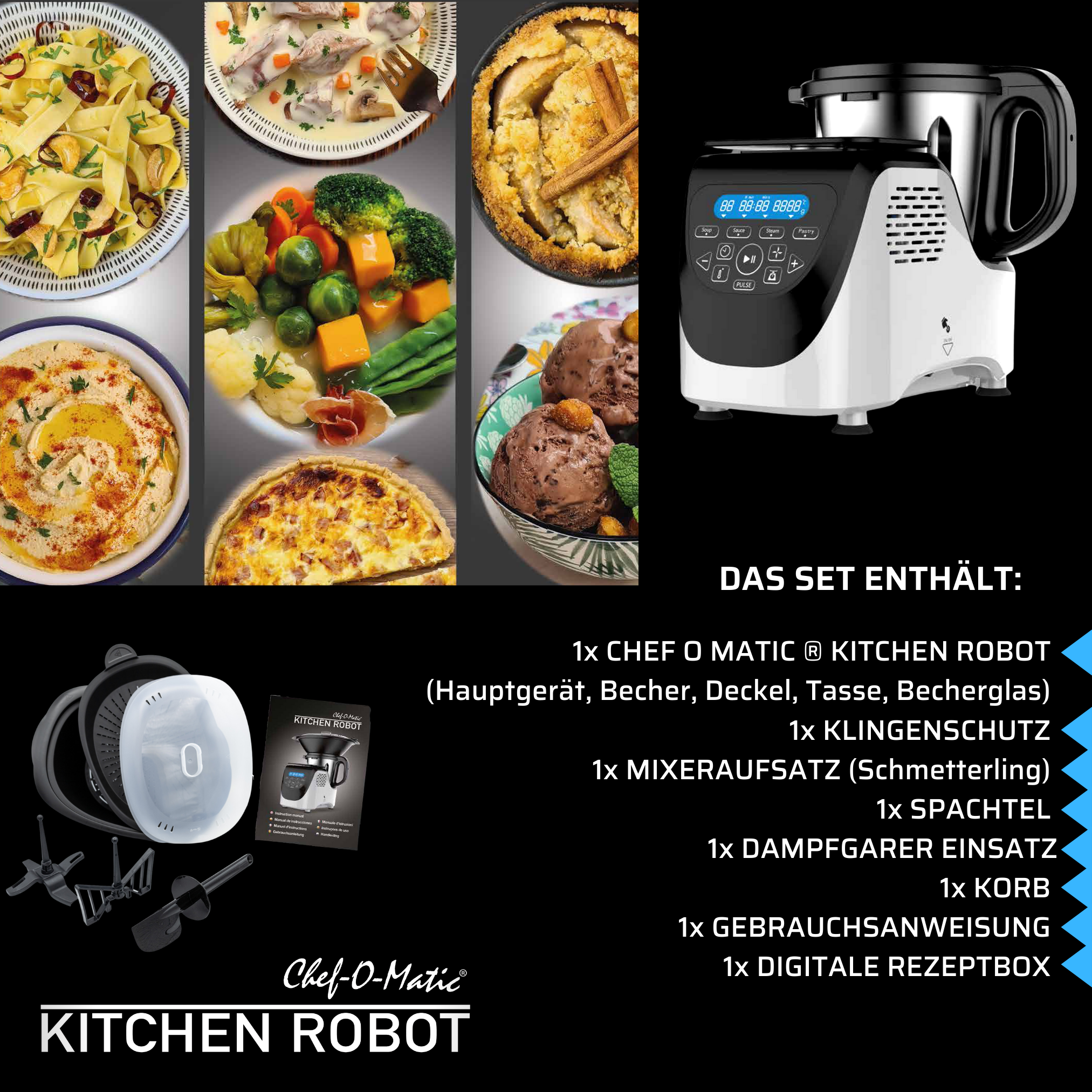 Ein Küchenroboter mit verschiedenen Lebensmitteln und den dazugehörigen Artikeln.