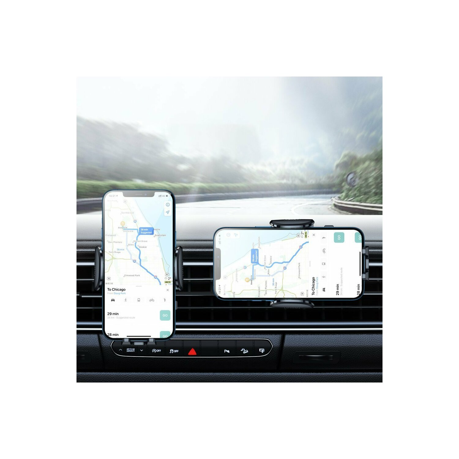 Dwa smartfony, zamontowane w samochodzie, wyświetlają aplikacje nawigacyjne. W tle wnętrze samochodu.