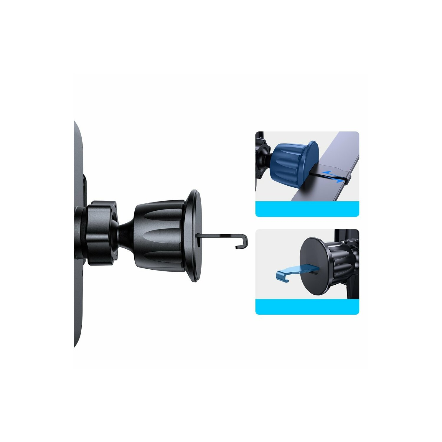 Elementy uchwytu do telefonu samochodowego, czarne i niebieskie. Widok z bliska, różne opcje instalacji.