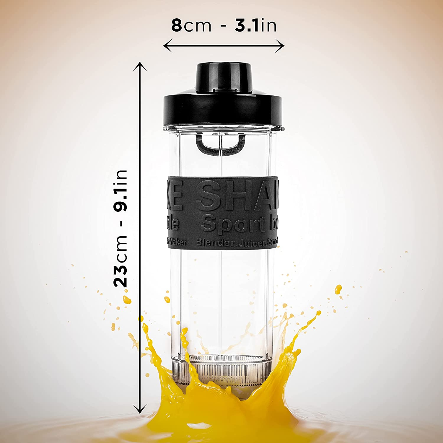 Eine transparente Shaker-Flasche mit schwarzem Deckel, gefüllt mit gelber Flüssigkeit. Gelbe Flüssigkeit spritzt heraus.
