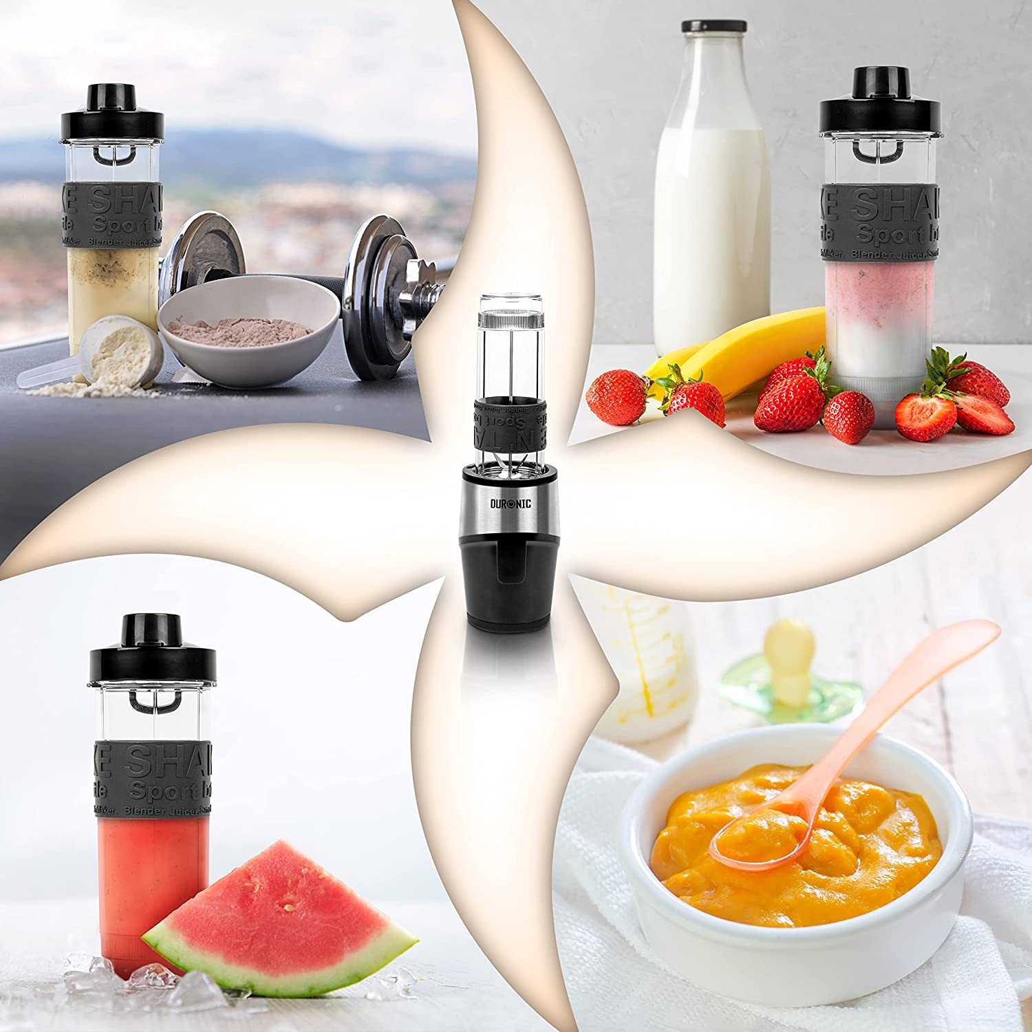 Mixer mit verschiedenen Zutaten: Proteinpulver, Milch, Banane, Erdbeeren und Babynahrung.
